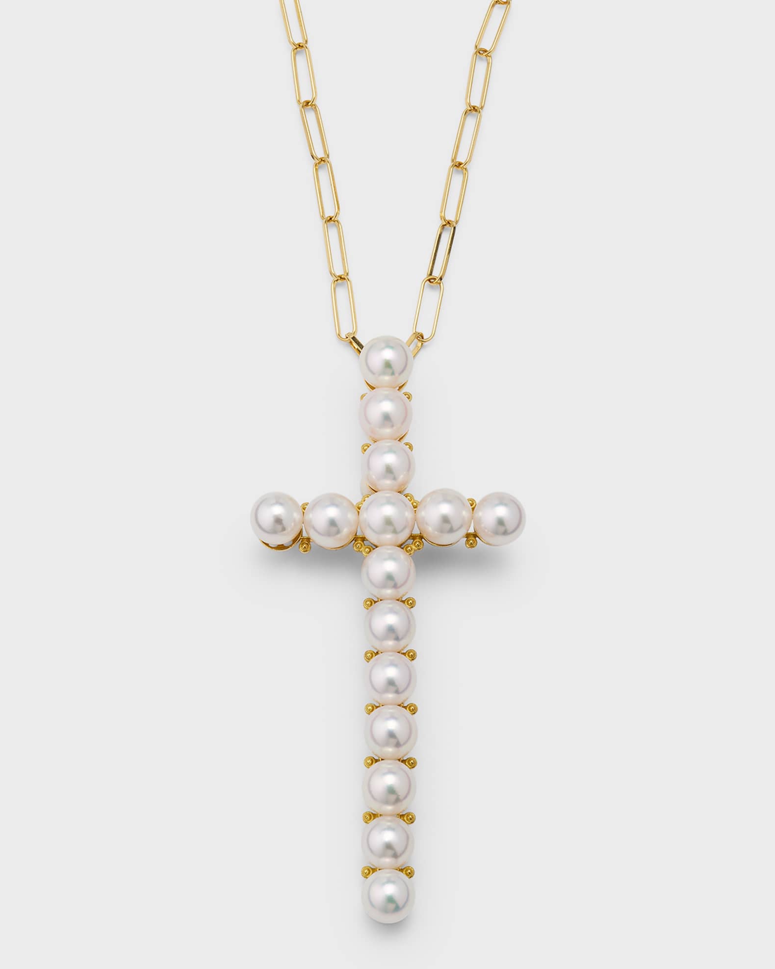 Pearls By Shari 18K Yellow Gold Akoya Pearl Long Cross Pendant Necklace