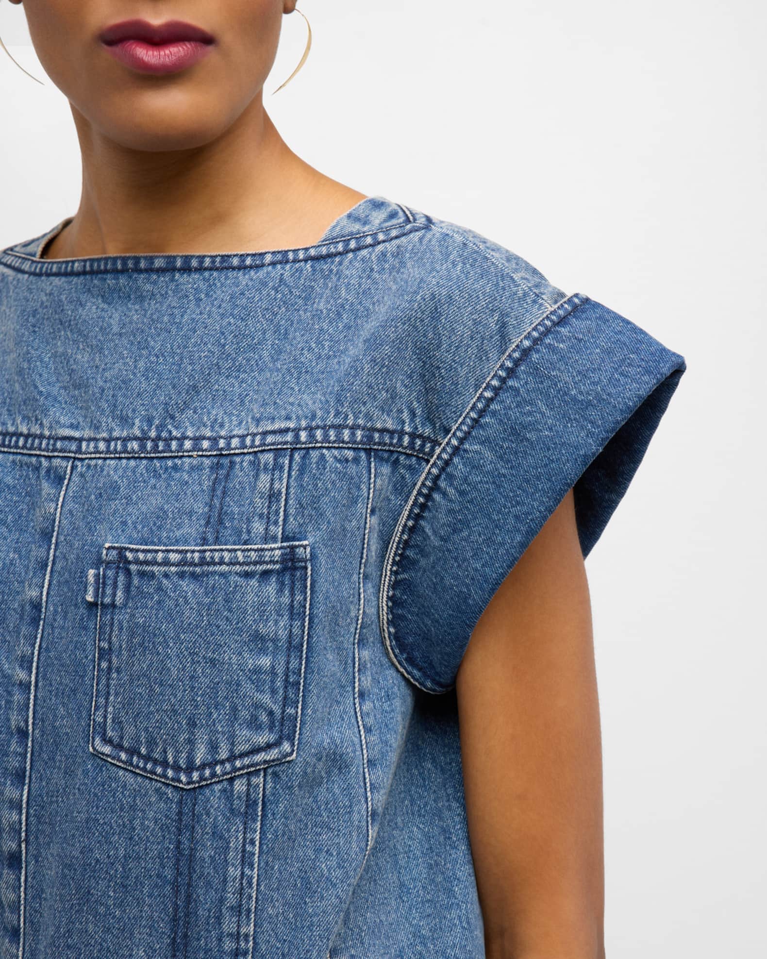 T3578 Alba Short Sleeve Denim Top Dark Blue