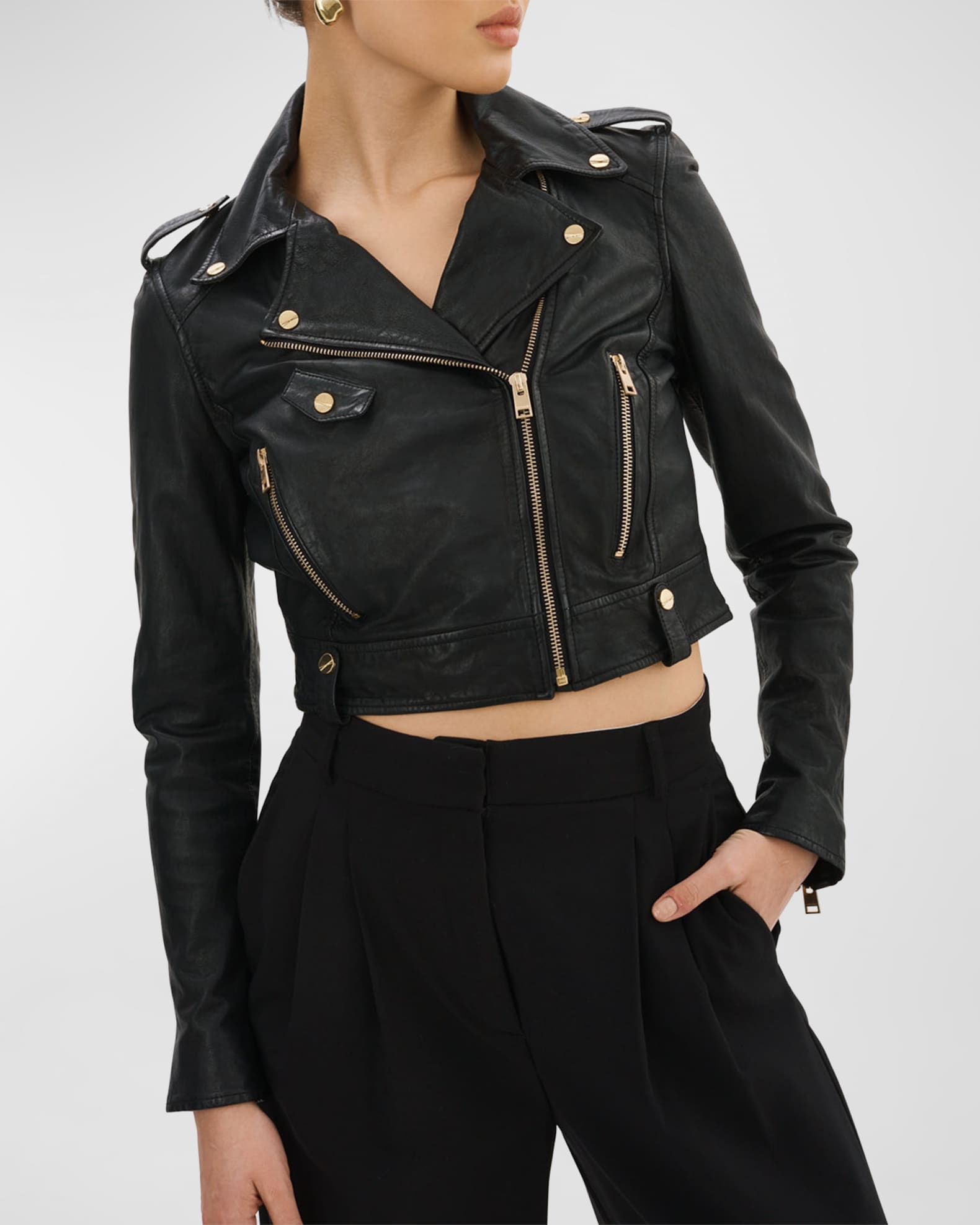 CIARA | Leather Crop Biker Jacket - Black / S