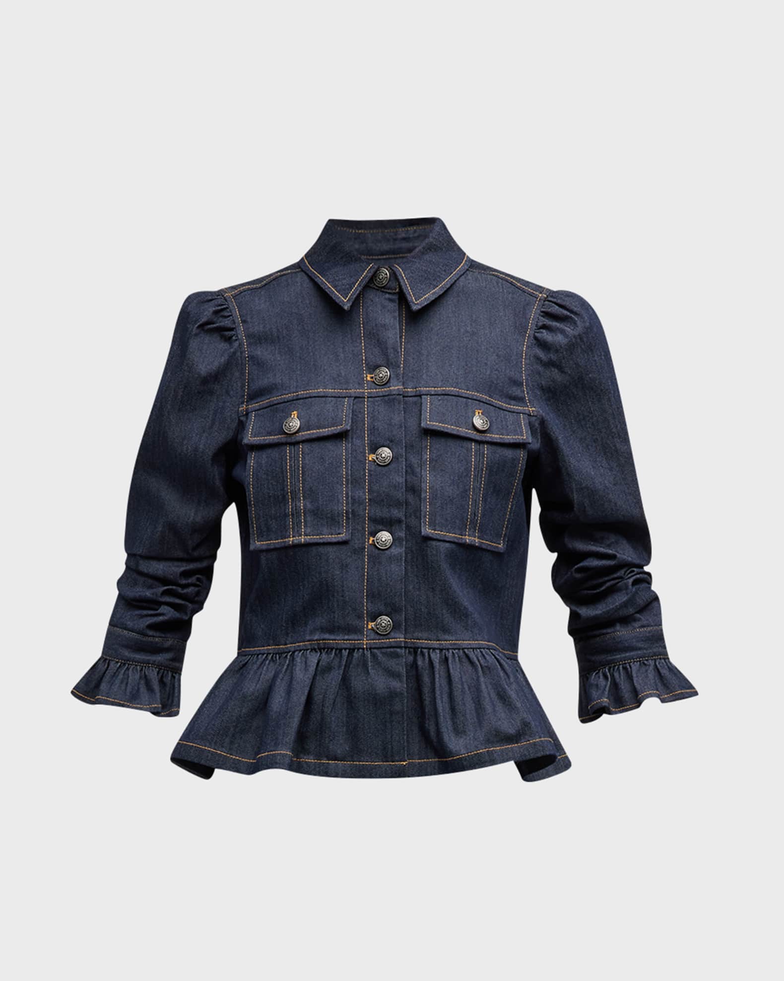 Cinq a Sept Delanie Scrunched-Sleeve Peplum Denim Jacket | Neiman Marcus