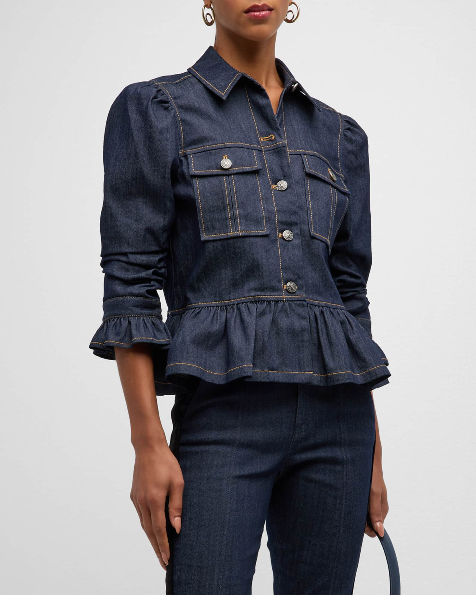 Cinq a Sept Delanie Scrunched-Sleeve Peplum Denim Jacket | Neiman Marcus