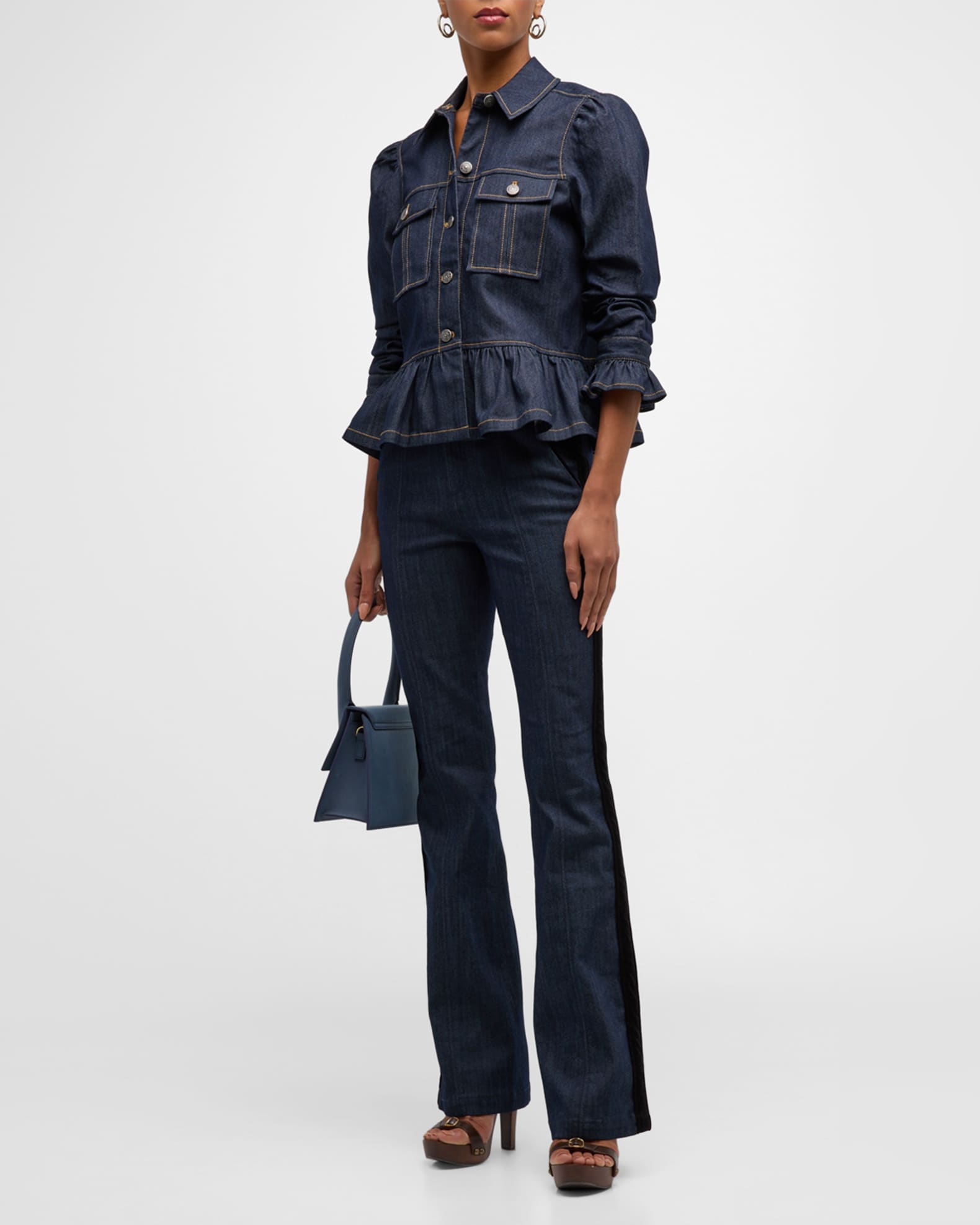 Cinq a Sept Delanie Scrunched-Sleeve Peplum Denim Jacket