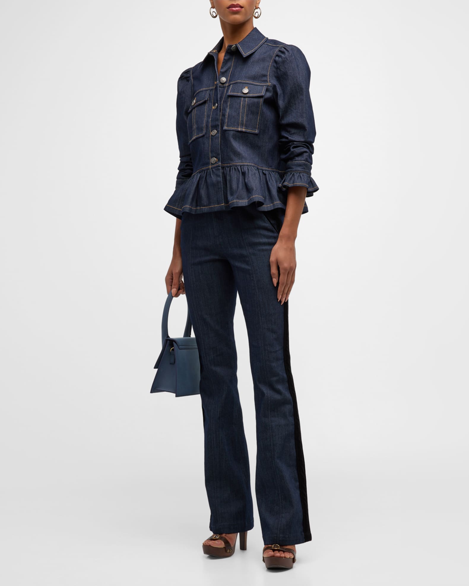 Cinq a Sept Delanie Scrunched-Sleeve Peplum Denim Jacket | Neiman Marcus