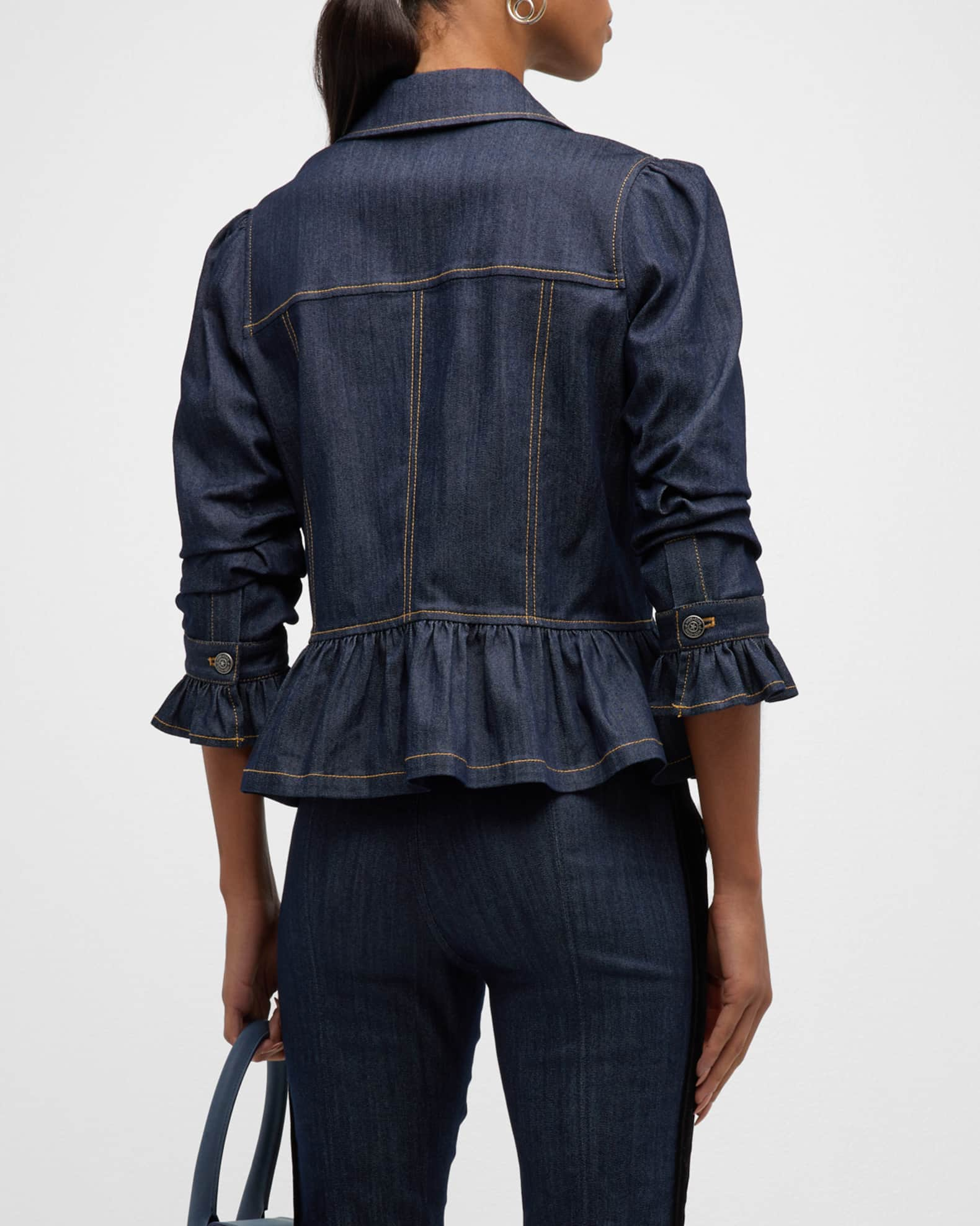 Cinq a Sept Delanie Scrunched-Sleeve Peplum Denim Jacket | Neiman Marcus