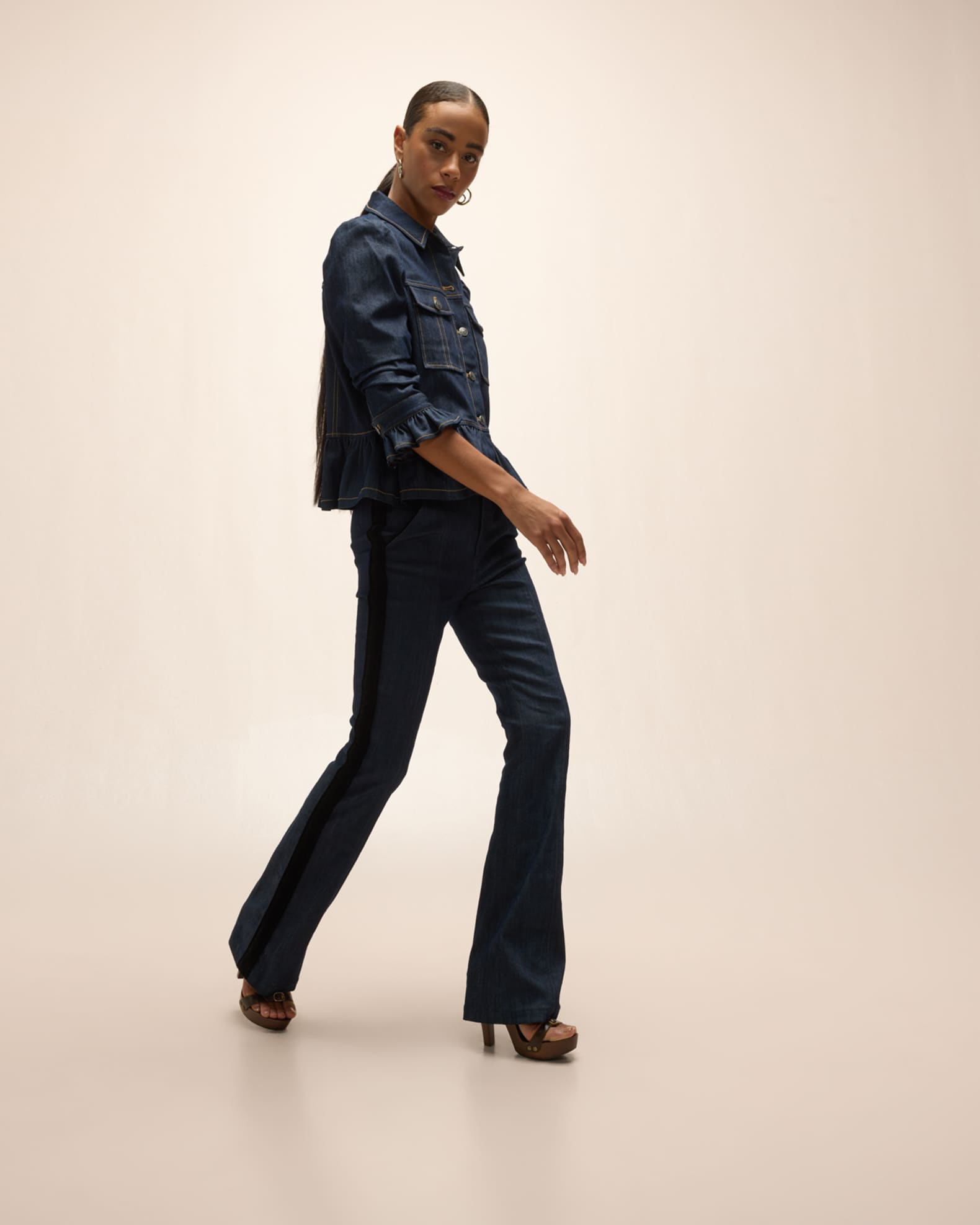 Cinq a Sept Delanie Scrunched-Sleeve Peplum Denim Jacket | Neiman Marcus