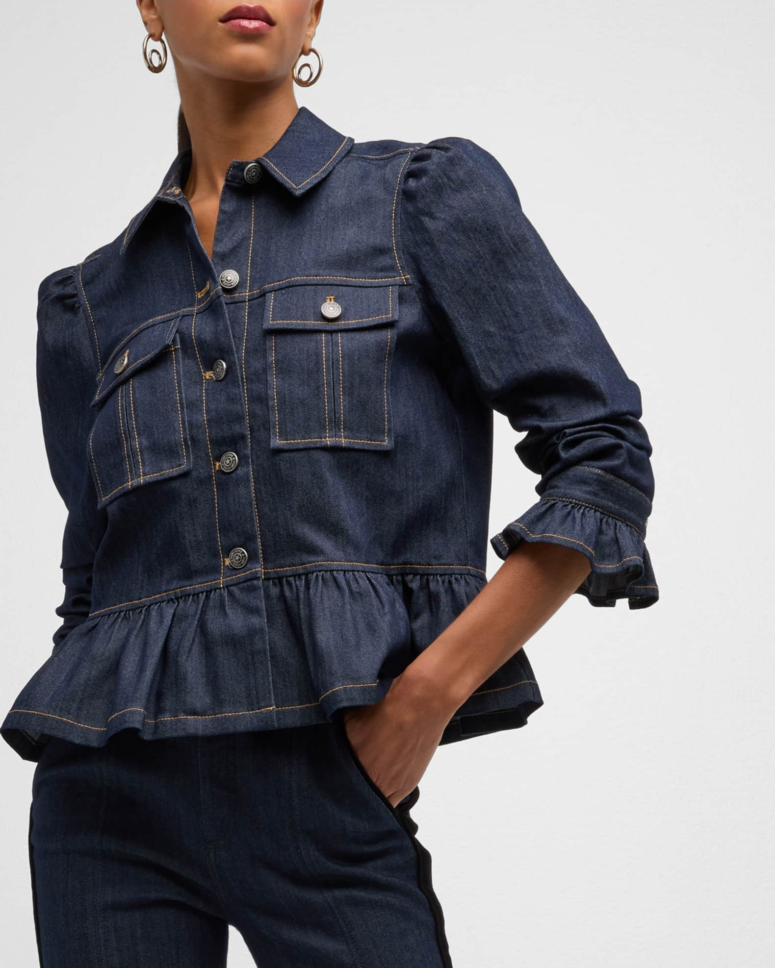 Cinq a Sept Delanie Scrunched-Sleeve Peplum Denim Jacket | Neiman Marcus