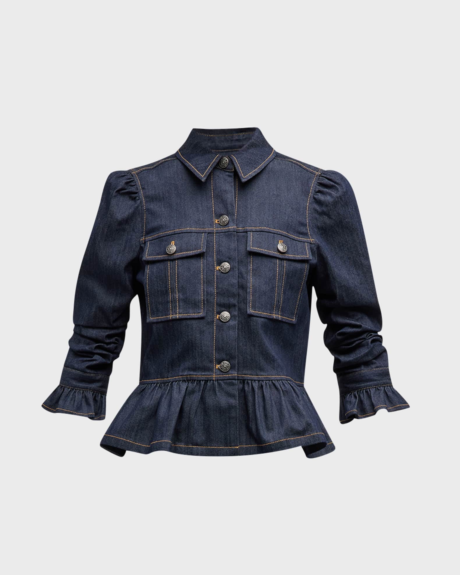 Delanie Scrunched-Sleeve Peplum Denim Jacket 0