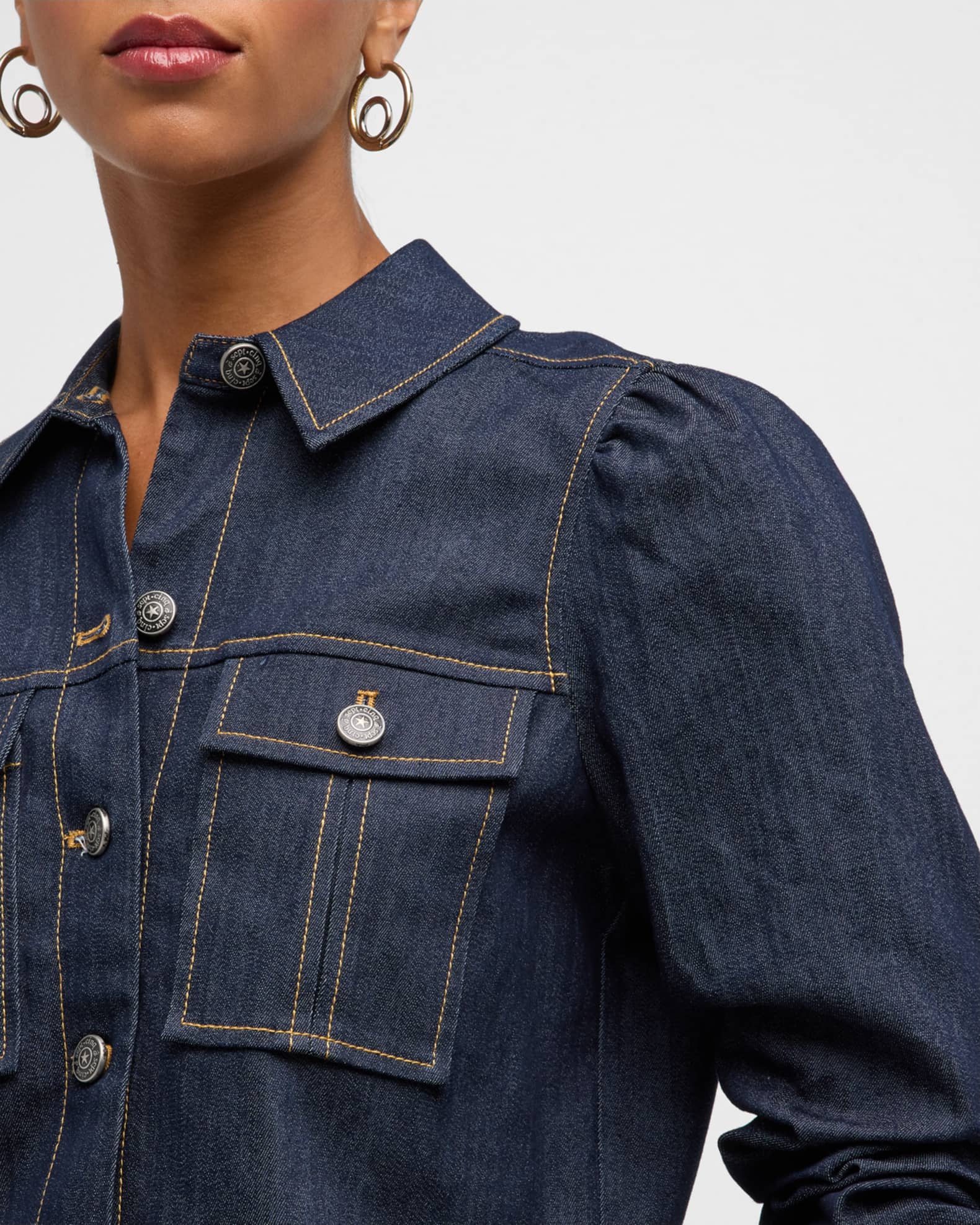 Cinq a Sept Delanie Scrunched-Sleeve Peplum Denim Jacket | Neiman Marcus