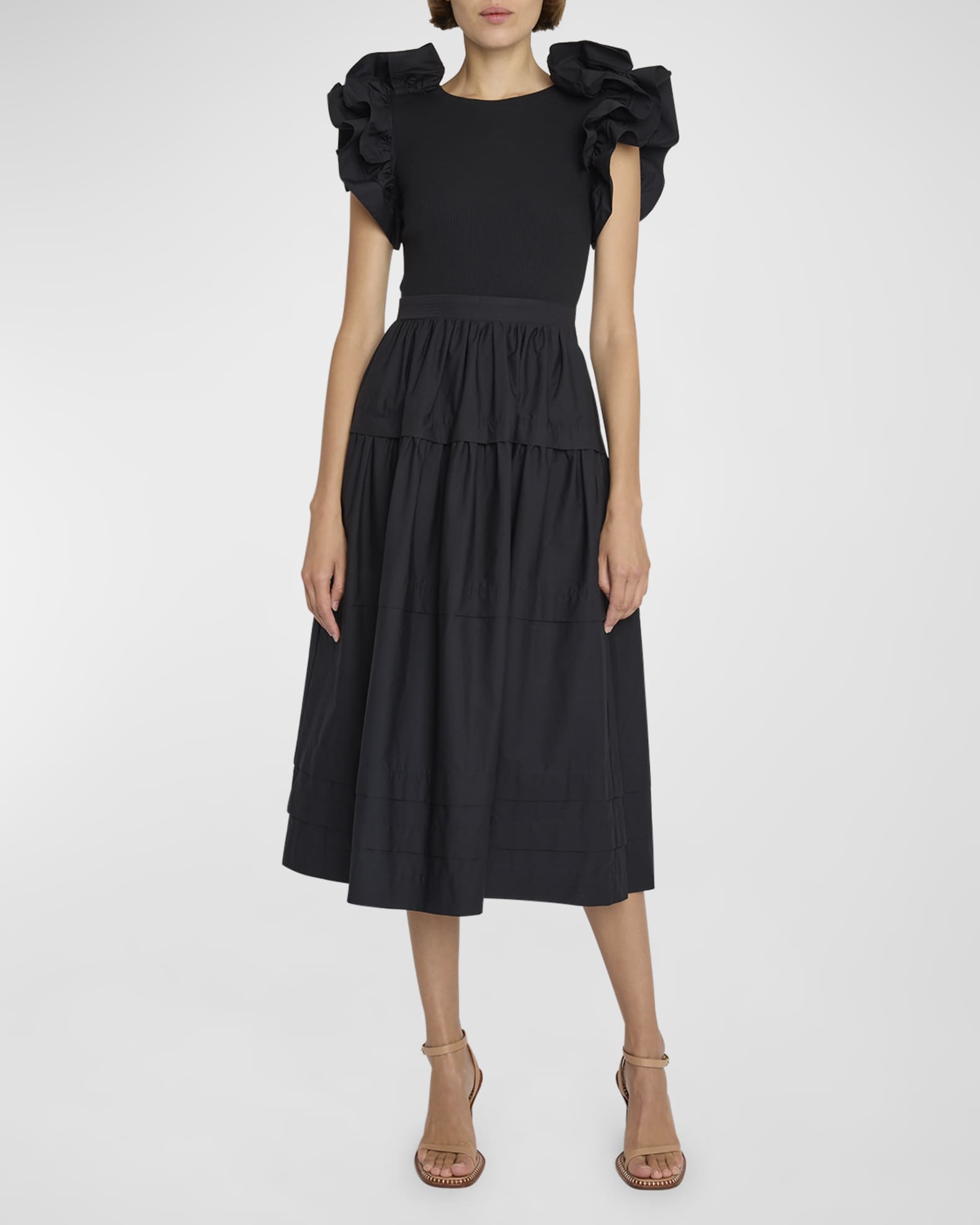 Ulla Johnson Francine Ruffle-Sleeve Combo Midi Dress | Neiman Marcus