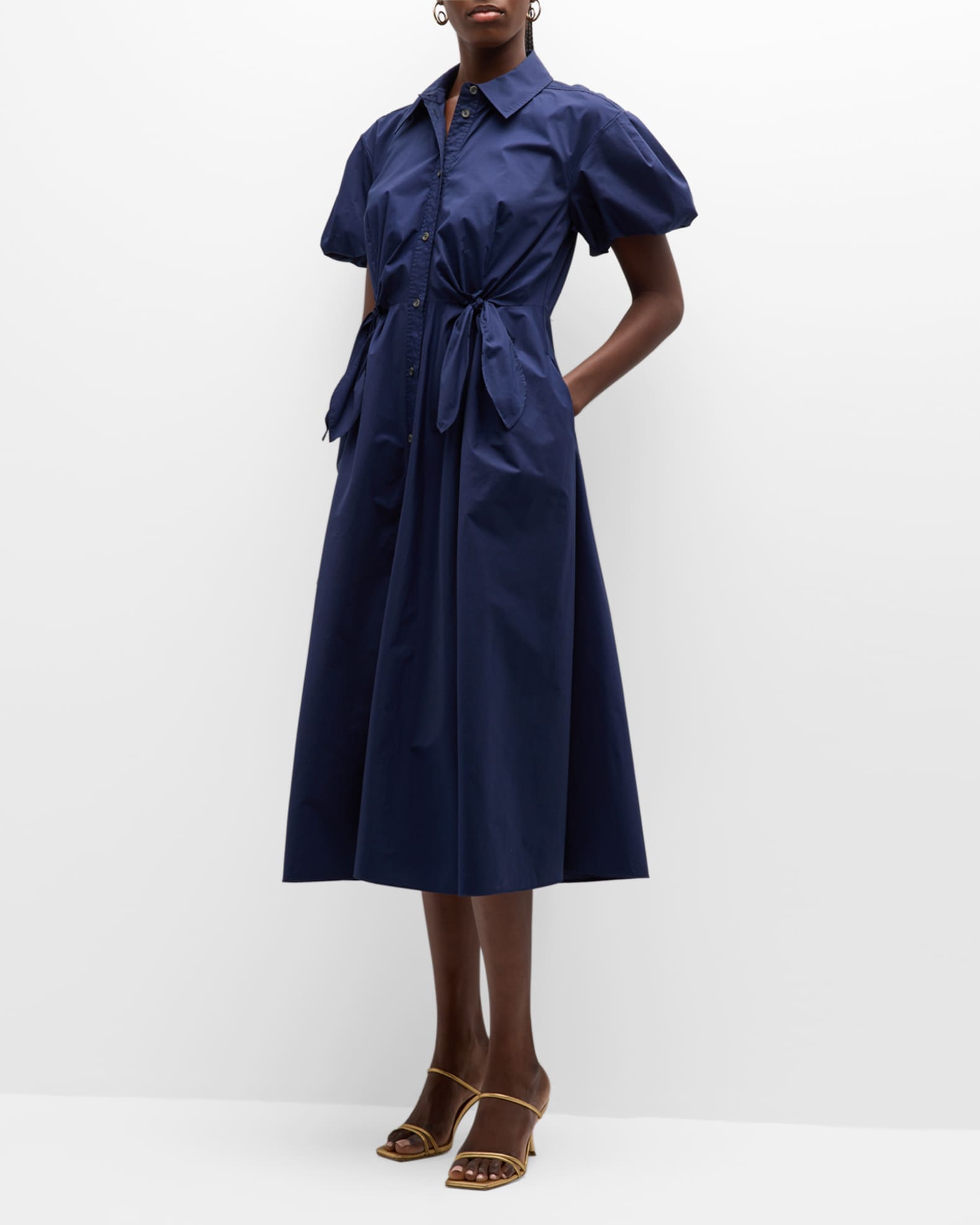 Tanya Taylor Elza Puff-Sleeve Tie-Waist Midi Shirtdress | Neiman Marcus