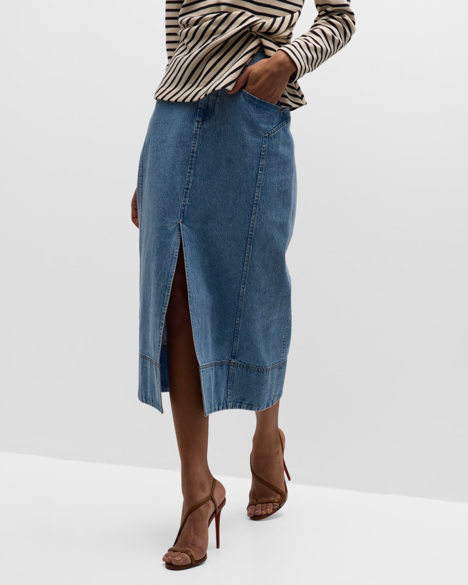 Tanya Taylor Christina Denim High-Waist Midi Skirt | Neiman Marcus