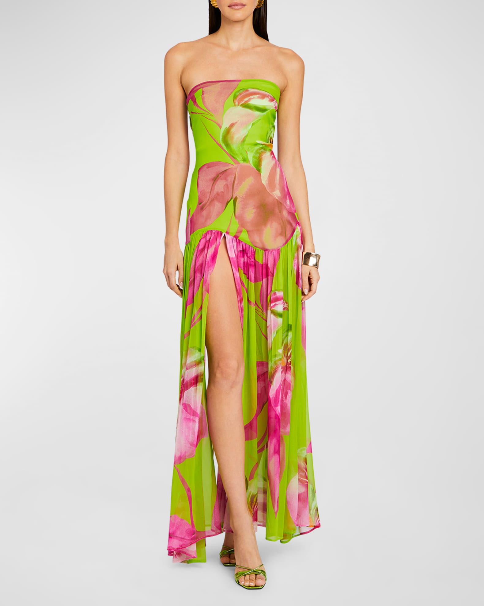 Retrofete Marisol Strapless Floral Silk Slit Dress