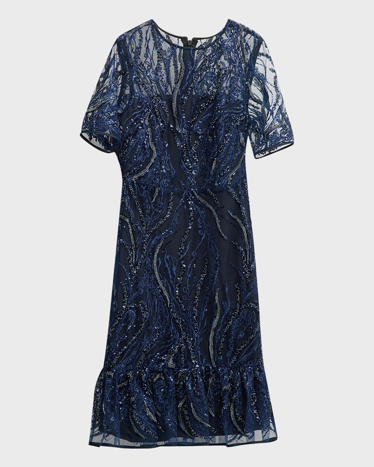 Flounce Sequin-Embroidered Midi Dress 0