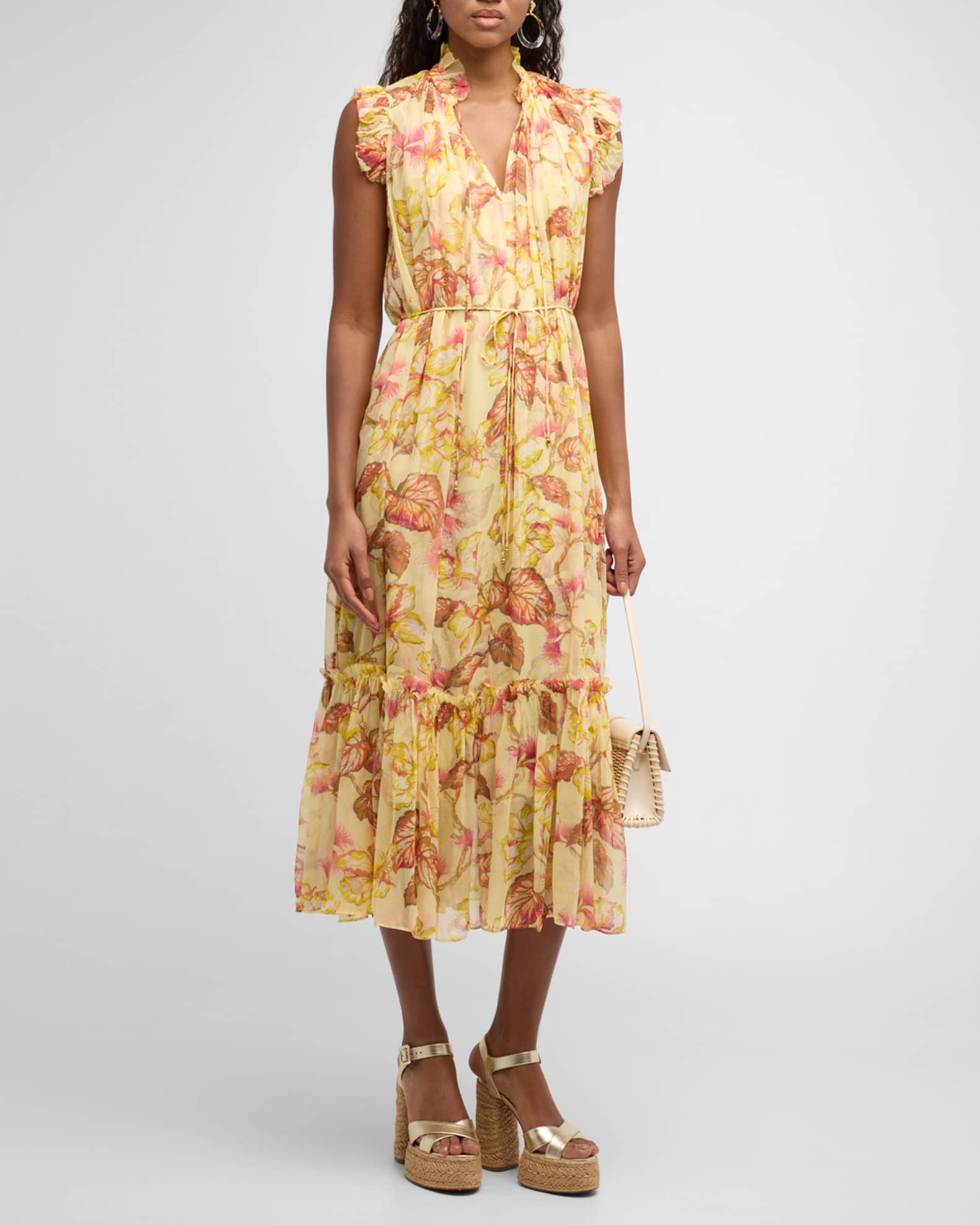 Matchmaker Flutter Midi Dress Yellow Hibiscus