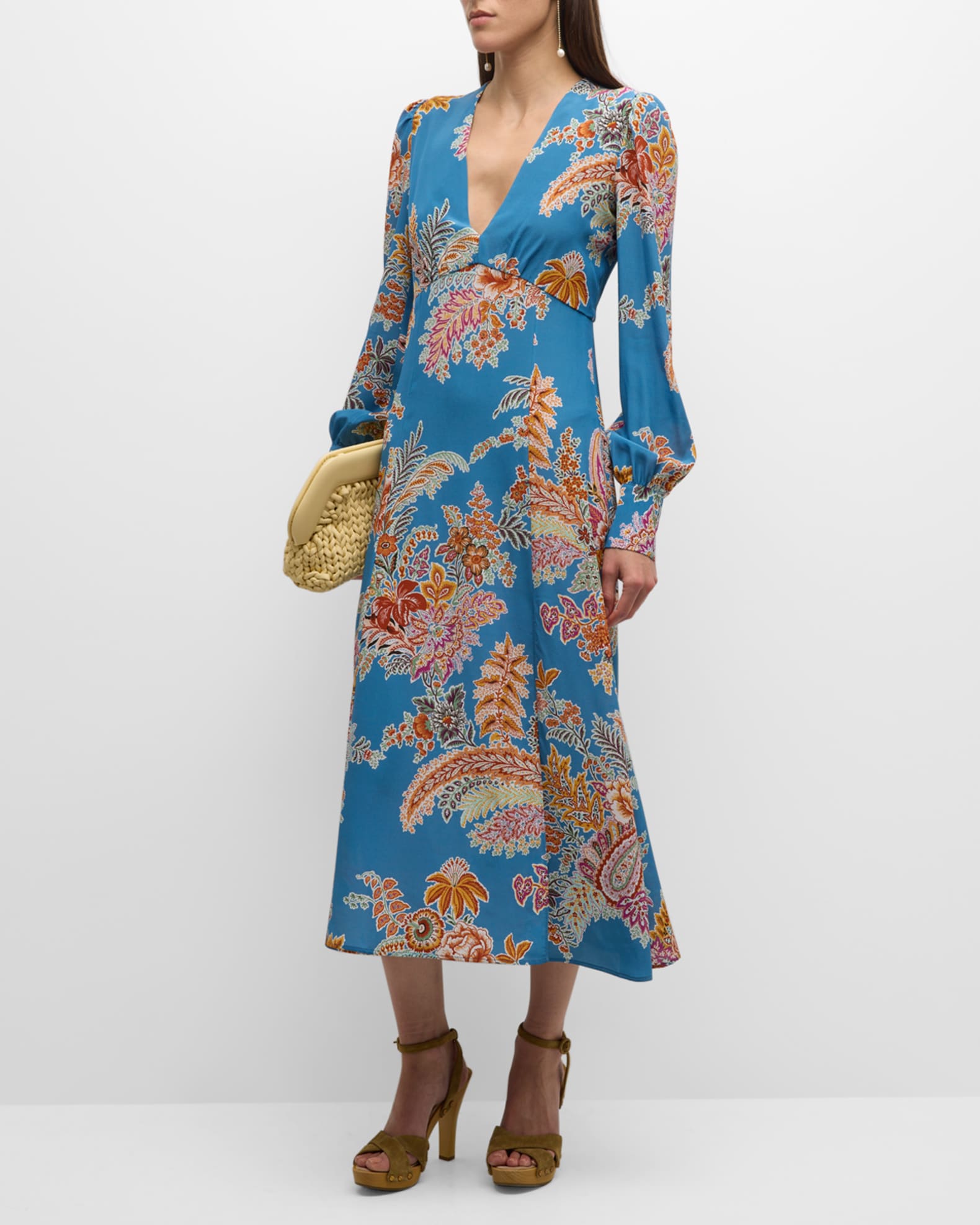 Etro V-Neck Floral-Print Long-Sleeve Slit-Hem Cady Midi Dress | Neiman ...