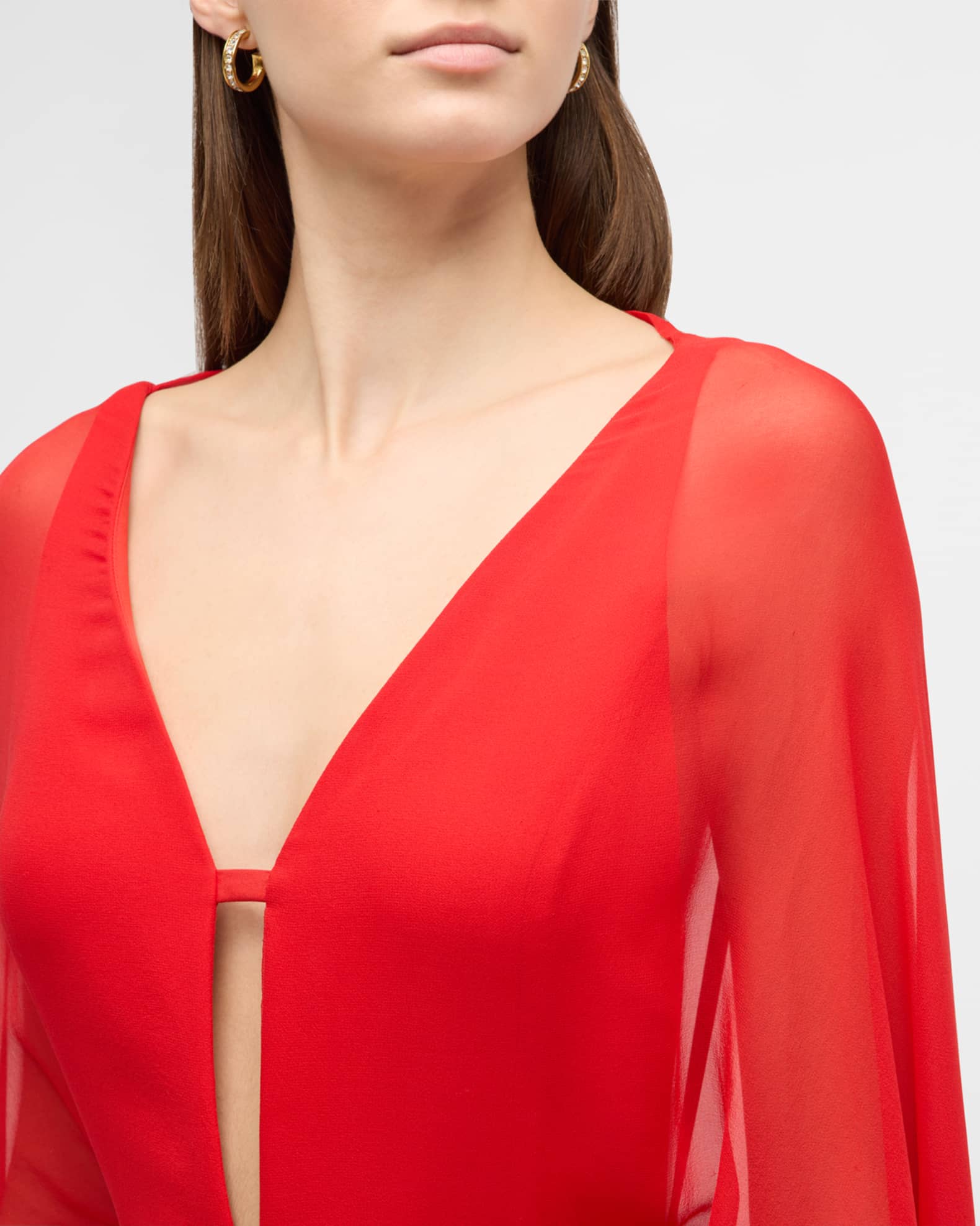 High neck crepe evening gown with taffeta wave detail
