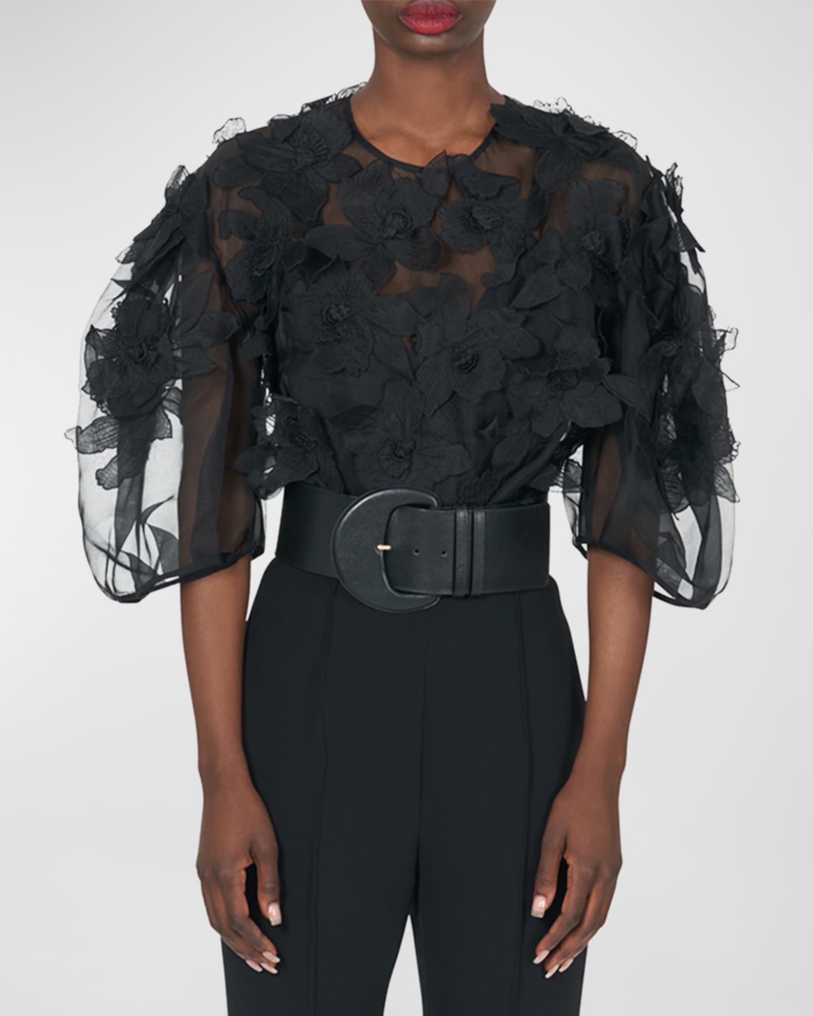 Carolina Herrera Floral Embroidered Puff-Sleeve Sheer Top