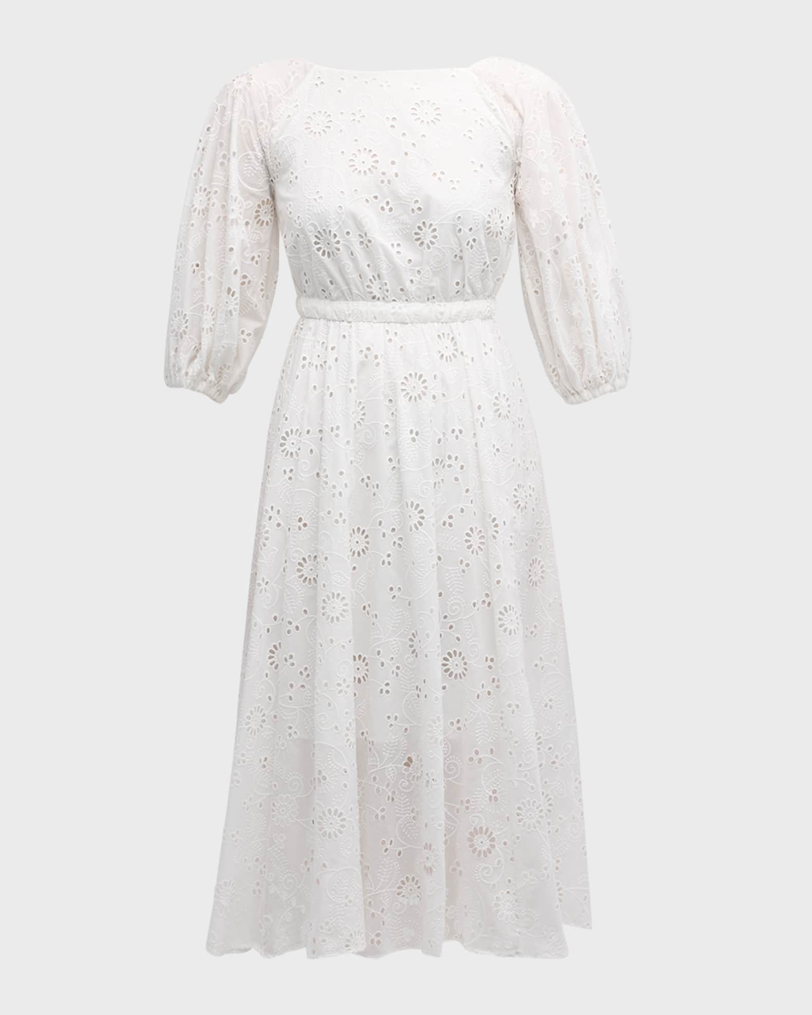 Carolina Herrera Shirred Puff-Sleeve Broderie Anglaise Midi Dress
