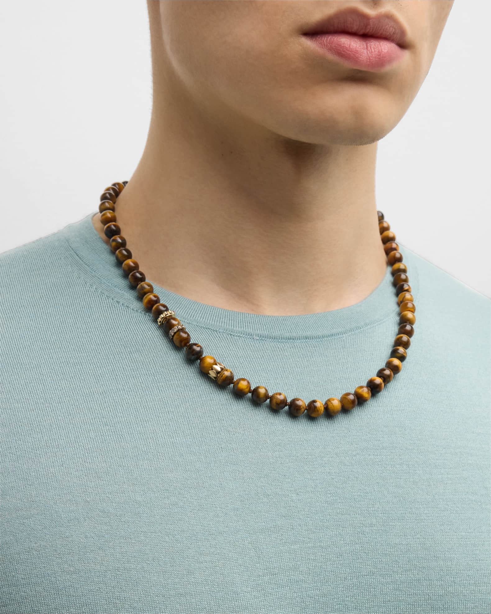 Men's Tigers Eye Beaded Necklace with Diamonds 1