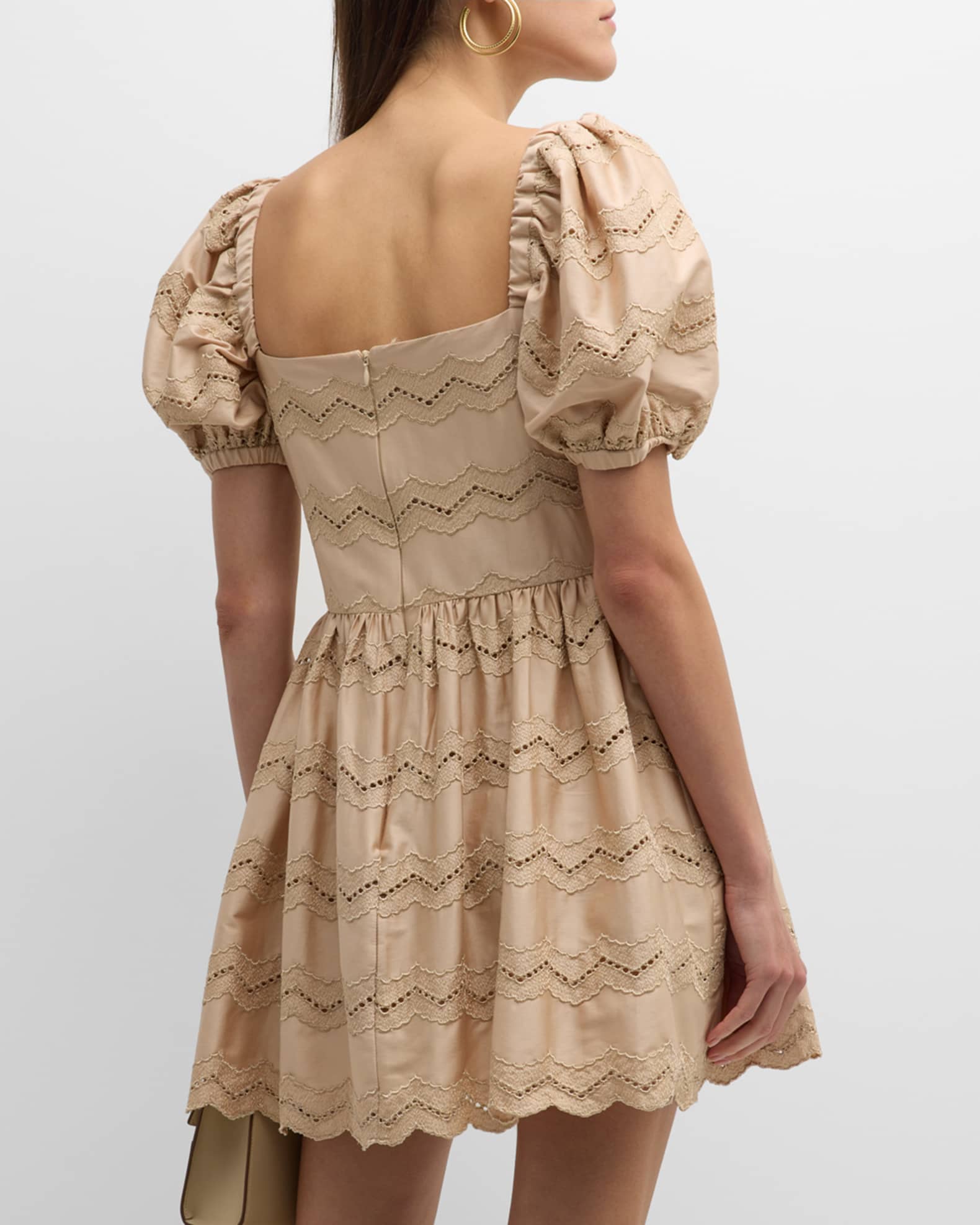 Atelier 17.56 Casandra Puff-Sleeve Smocked Eyelet Mini Dress | Neiman Marcus