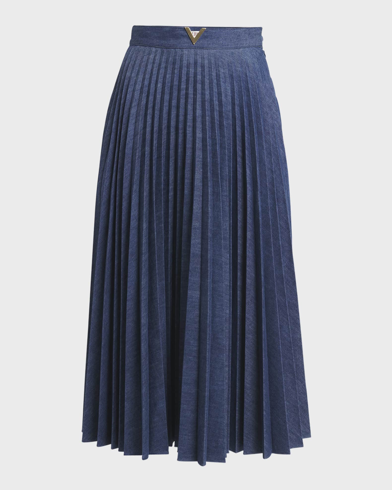 Valentino Garavani V Logo Pleated Denim Midi Skirt Neiman Marcus