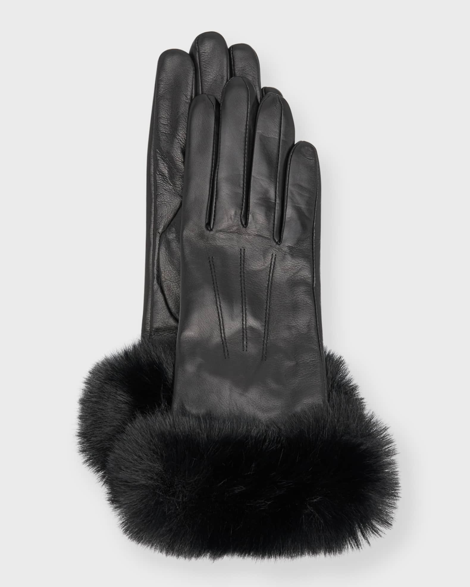Leather & Cashmere Gloves With Faux Fur Cuffs  0