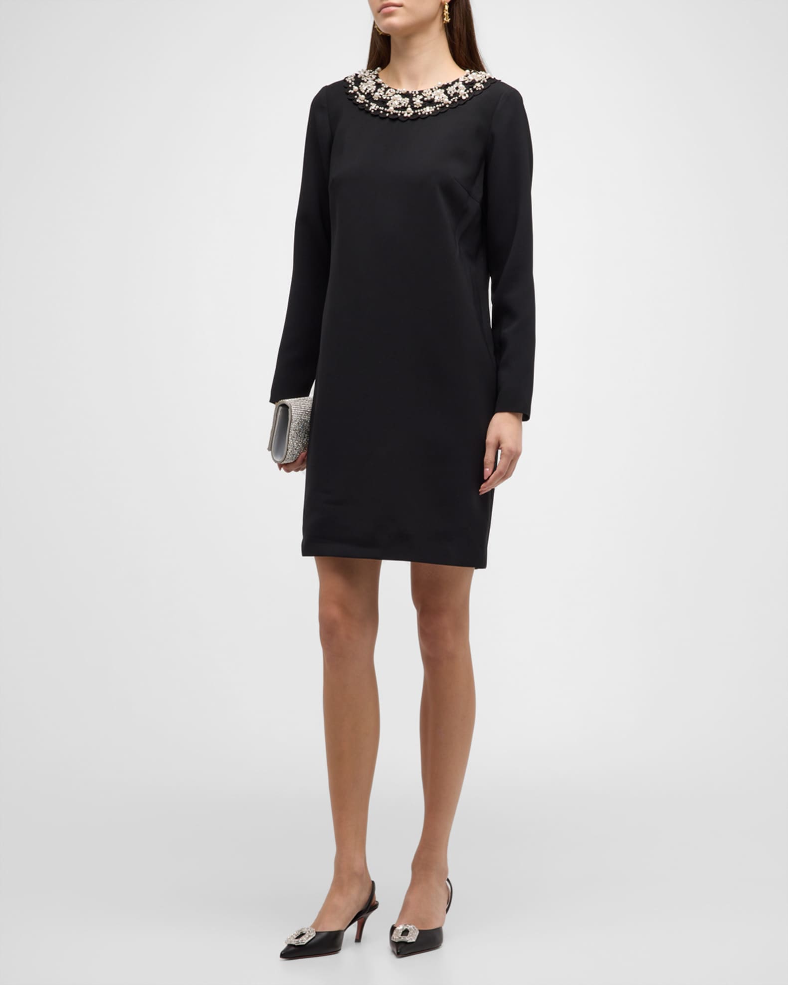 Carolina Herrera Embellished Long-Sleeve Shift Mini Dress | Neiman Marcus