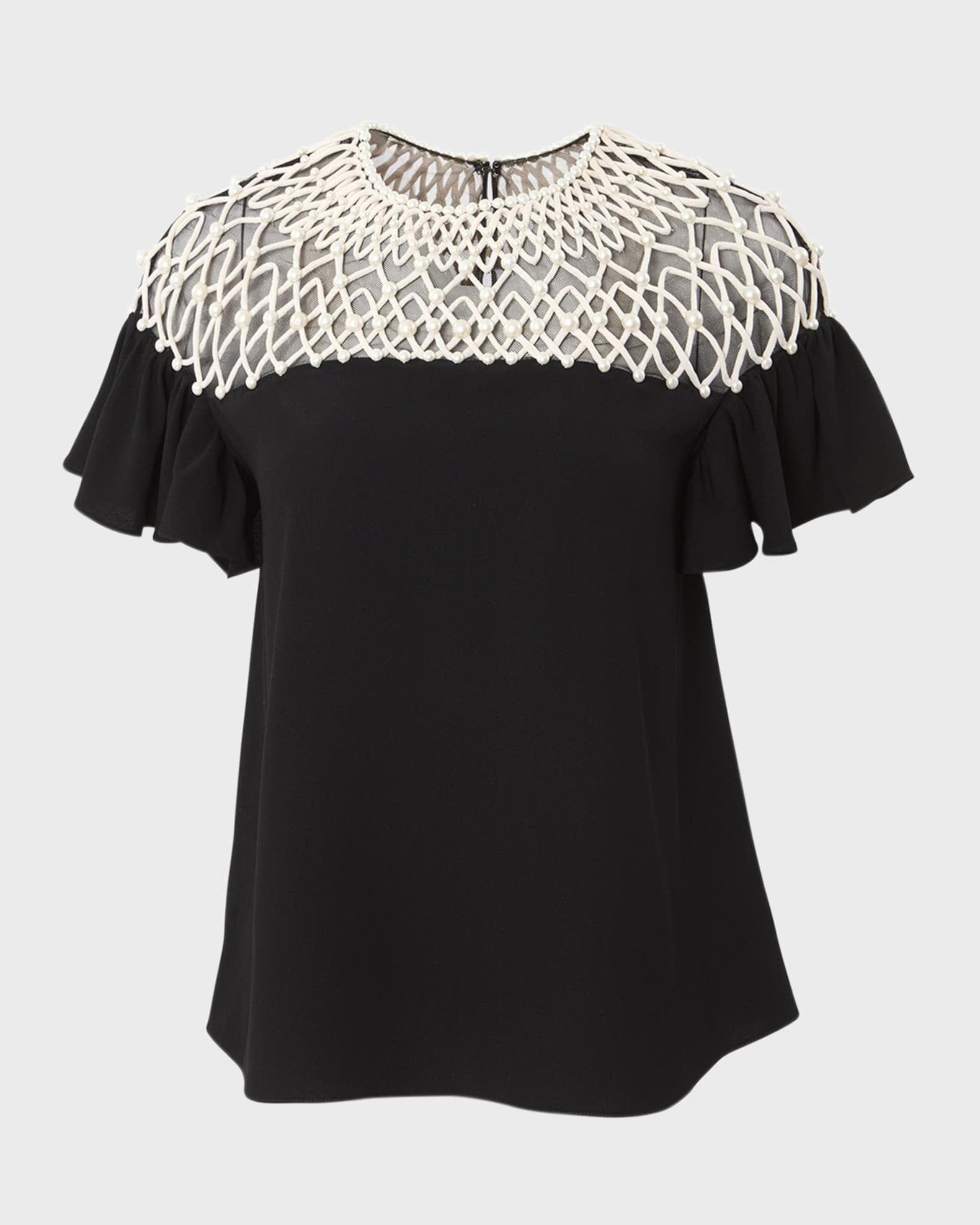 Carolina Herrera Embellished Lattice Yoke Crewneck Top