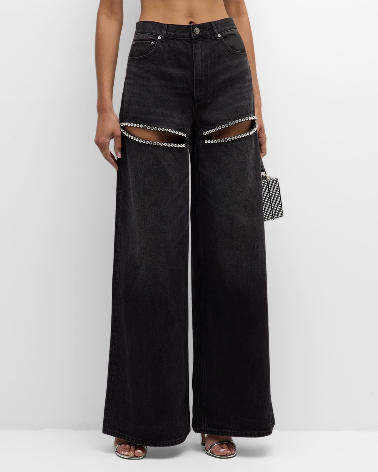 AREA High-Rise Crystal Slit Wide-Leg Jeans | Neiman Marcus