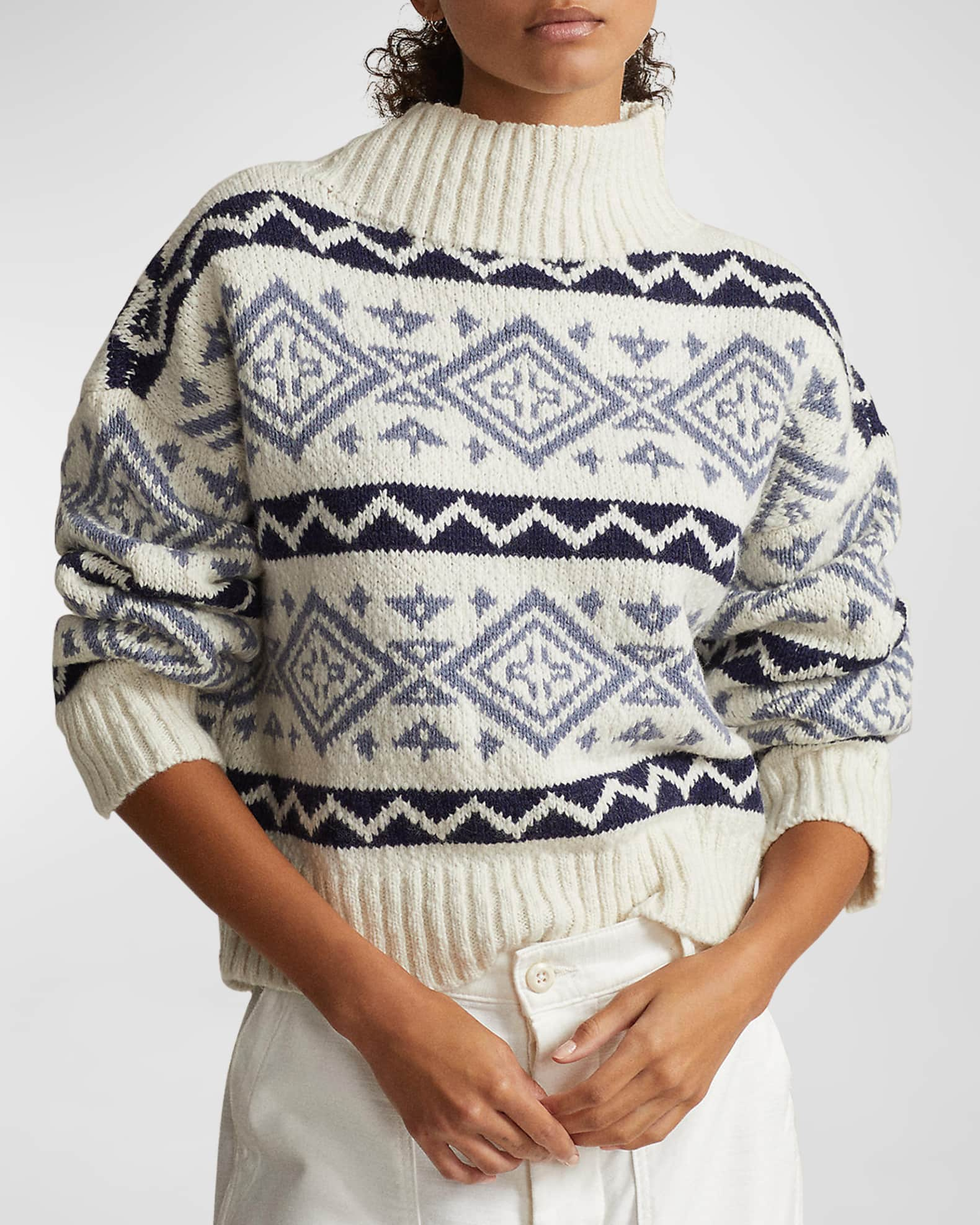 Polo Ralph Lauren Women's Intarsia Wool-Blend Sweater Cream Blue Multi