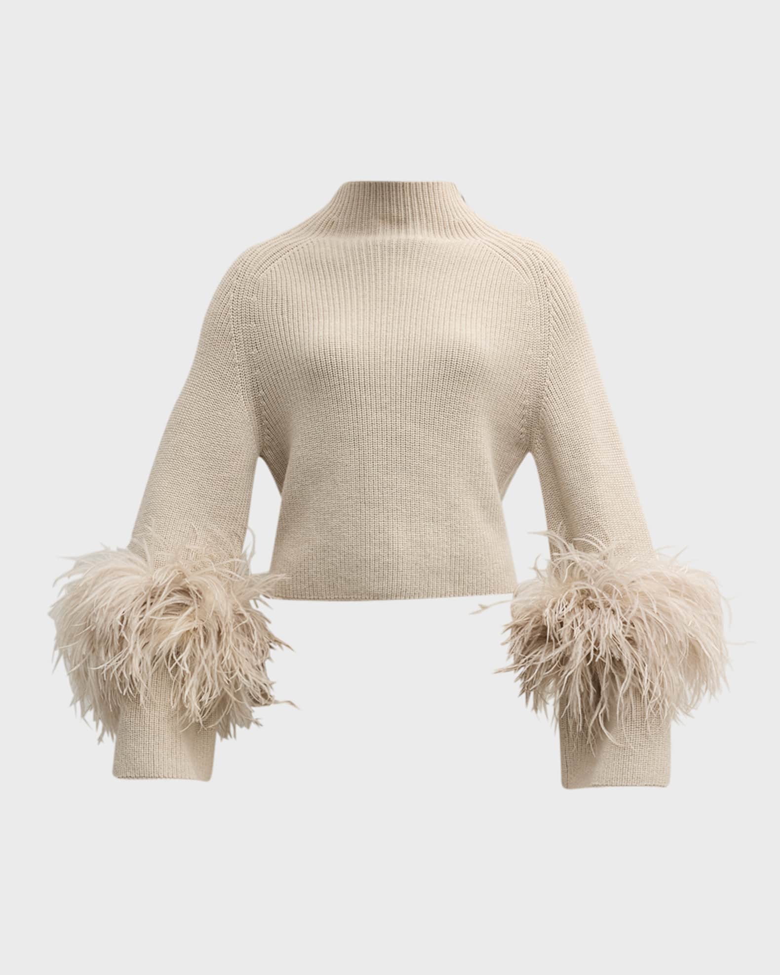 LAPOINTE Feather-Trim Slit-Sleeve Crop Sweater | Neiman Marcus