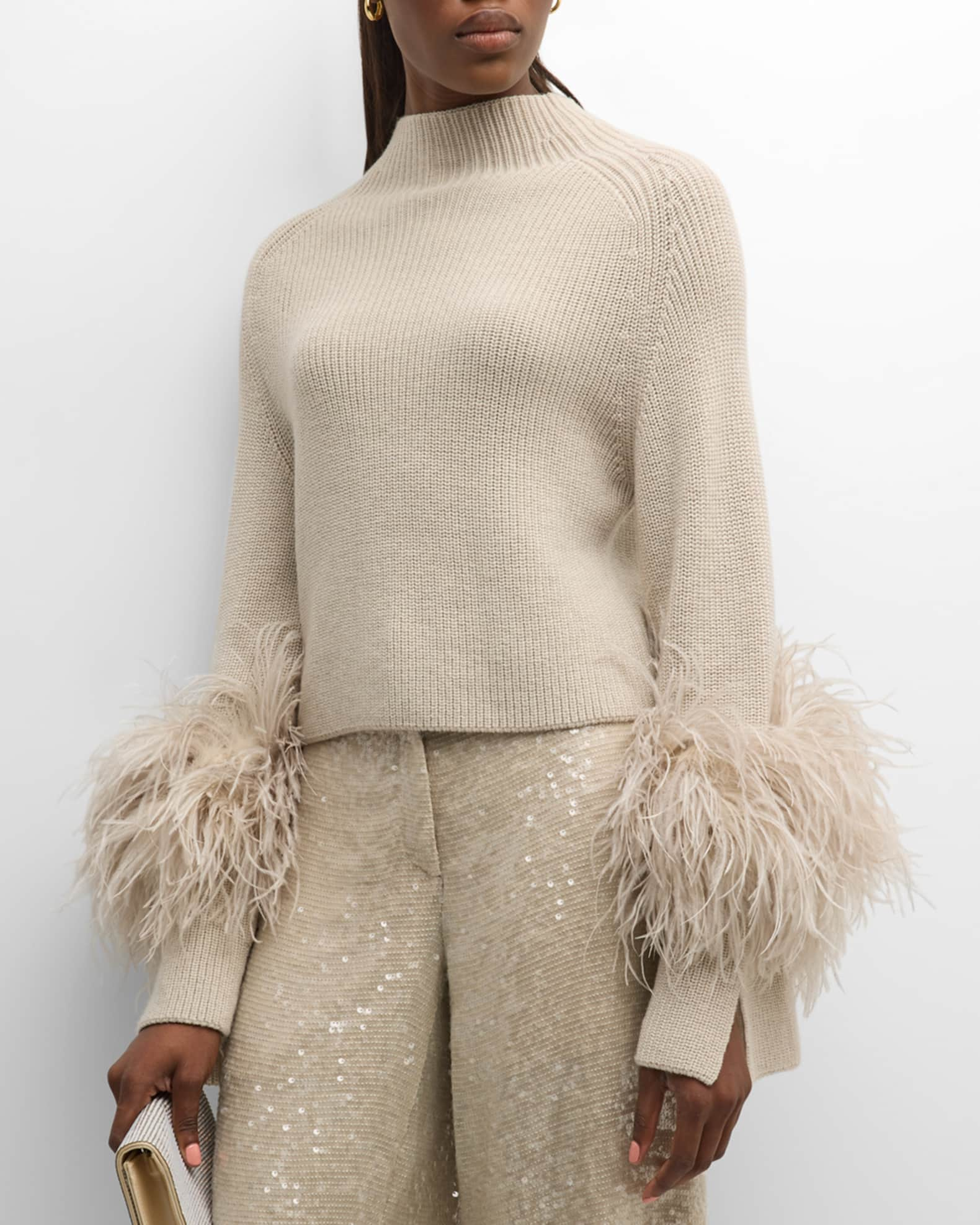 LAPOINTE Feather-Trim Slit-Sleeve Crop Sweater | Neiman Marcus