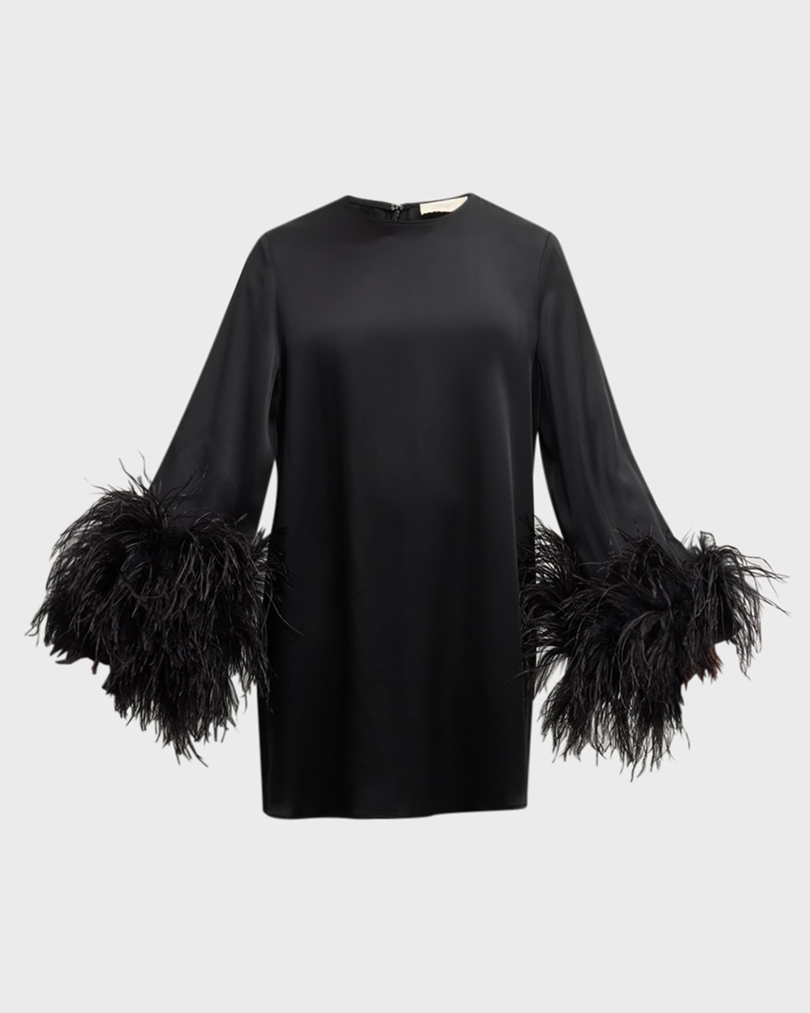 LAPOINTE Feather-Trim Long-Sleeve Satin Mini Shift Dress | Neiman Marcus