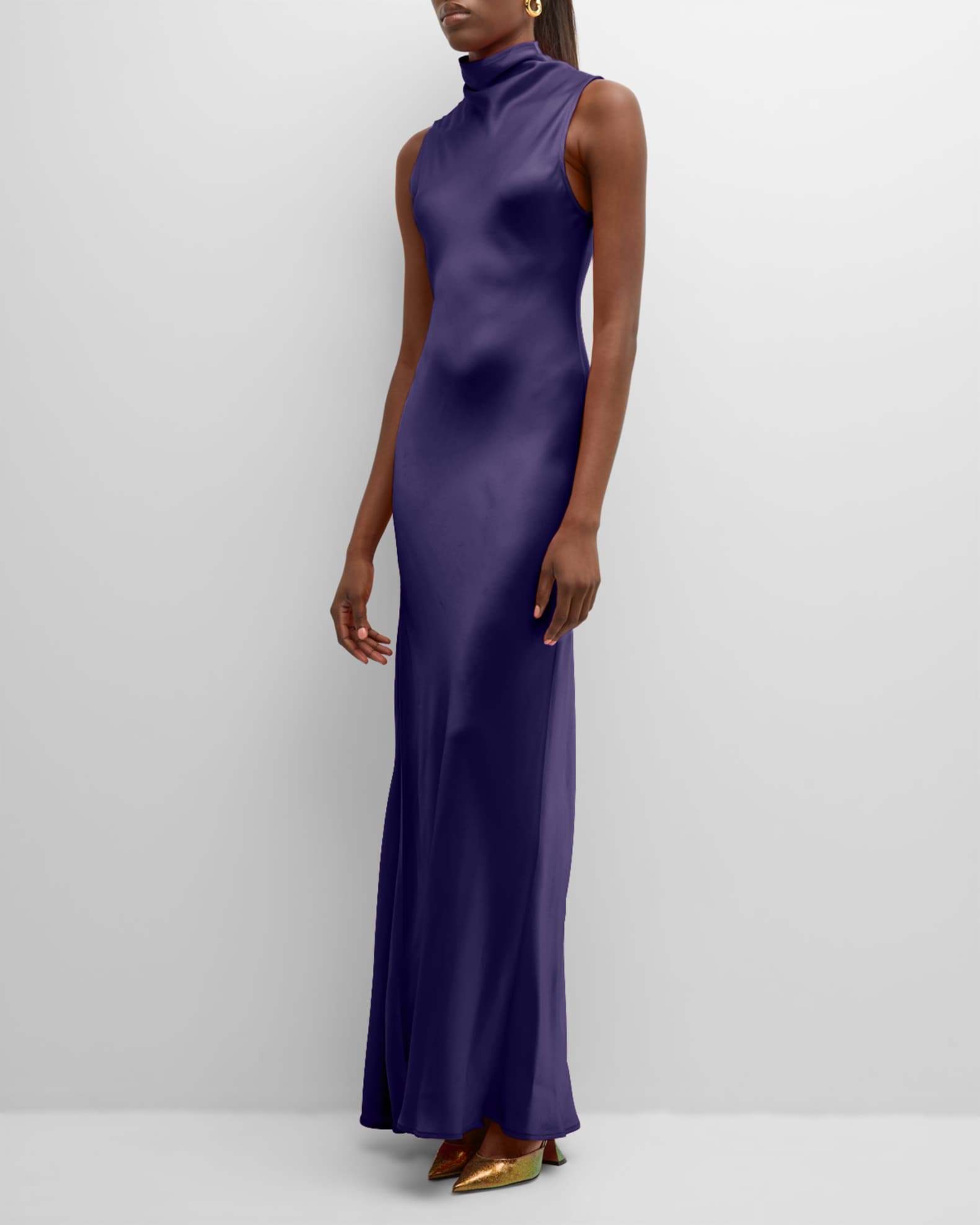 LAPOINTE Draped Mock-Neck Sleeveless Satin Maxi Dress | Neiman Marcus