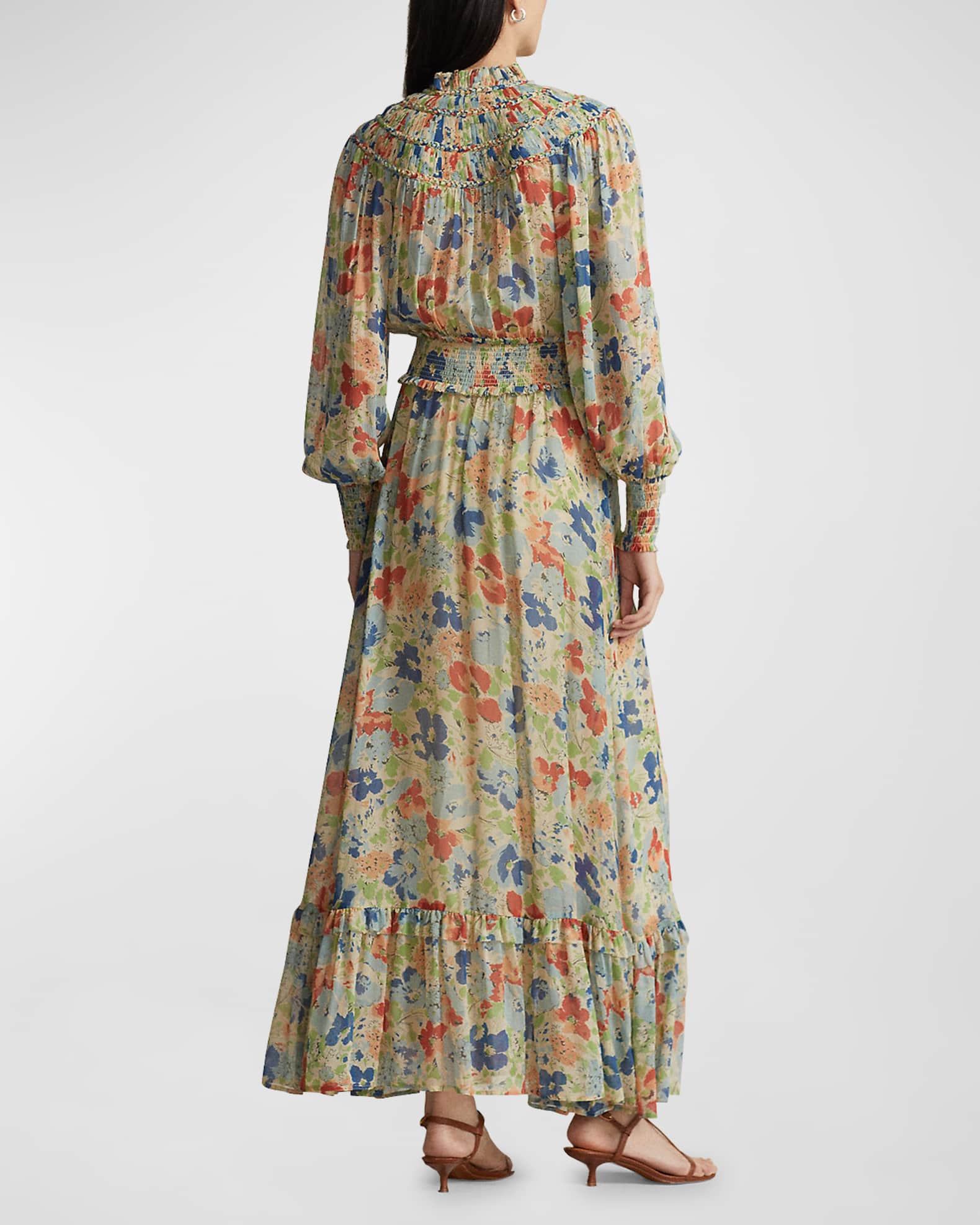 Polo Ralph Lauren Smocked Floral-Print Flounce Maxi Dress | Neiman Marcus