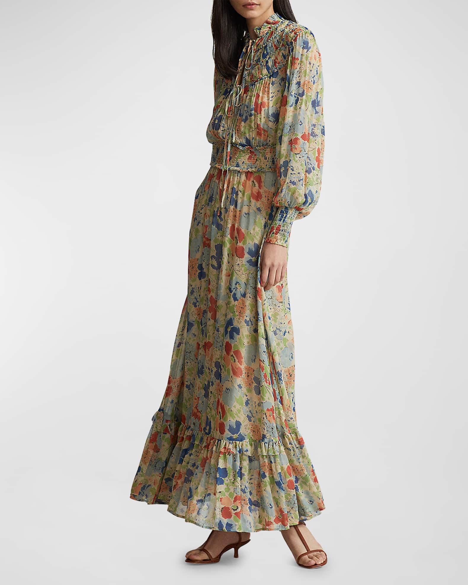 Polo Ralph Lauren Smocked Floral-Print Flounce Maxi Dress | Neiman Marcus