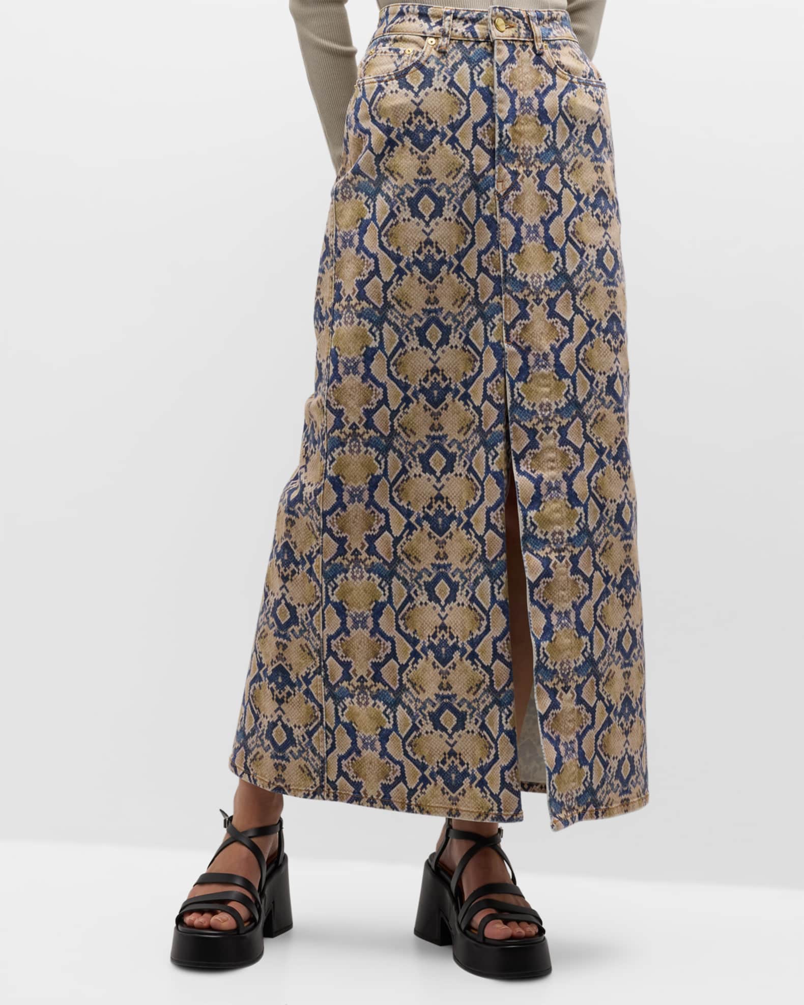 Ganni Iry Snake-Print Denim Maxi Skirt | Neiman Marcus