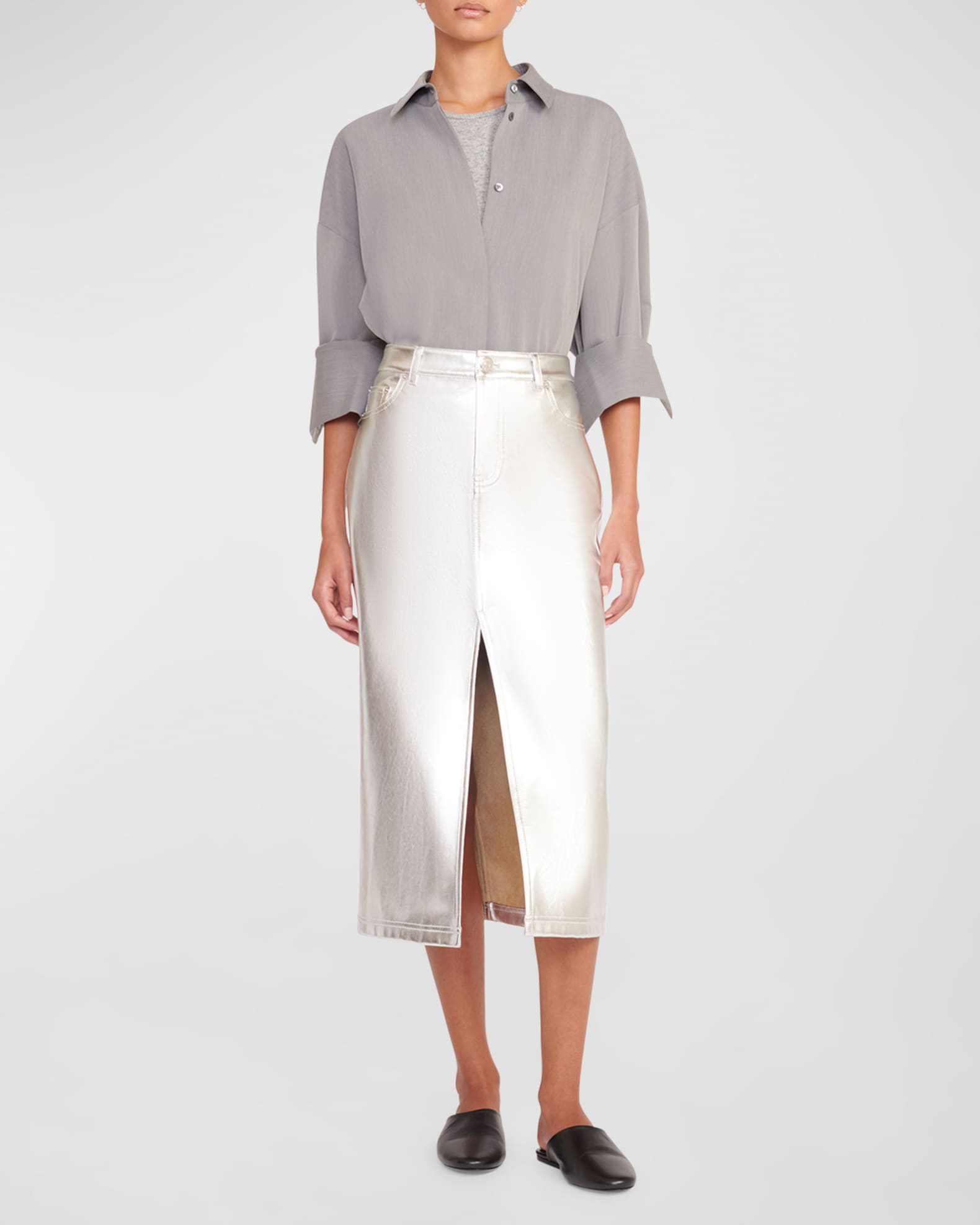 STAUD Oaklyn Metallic Denim-Style Midi Skirt | Neiman Marcus