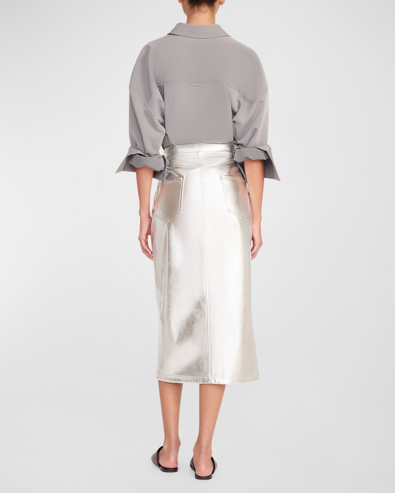 STAUD Oaklyn Metallic Denim-Style Midi Skirt | Neiman Marcus