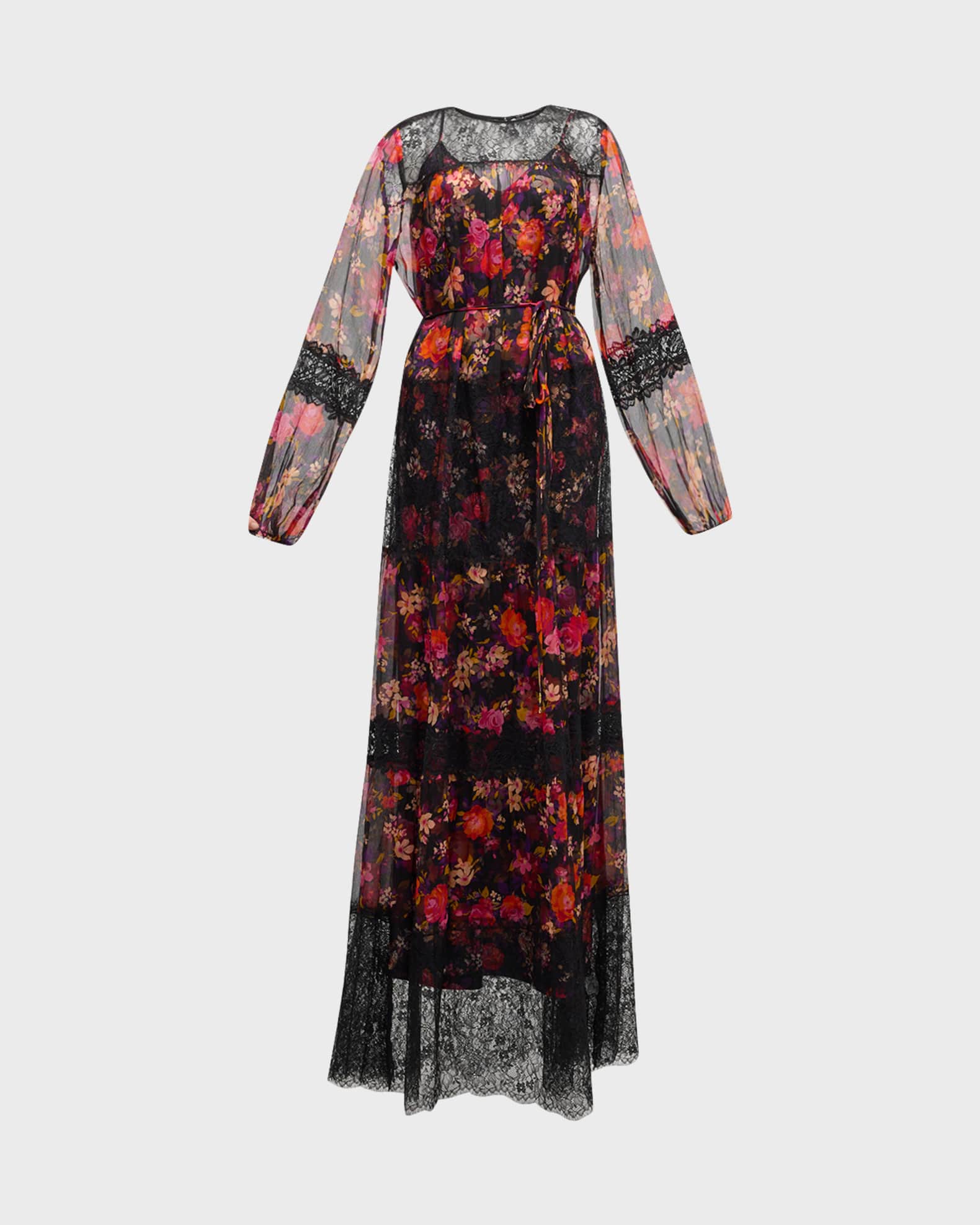 Johnny Was Tiered Floral-Print Lace-Trim Maxi Dress | Neiman Marcus