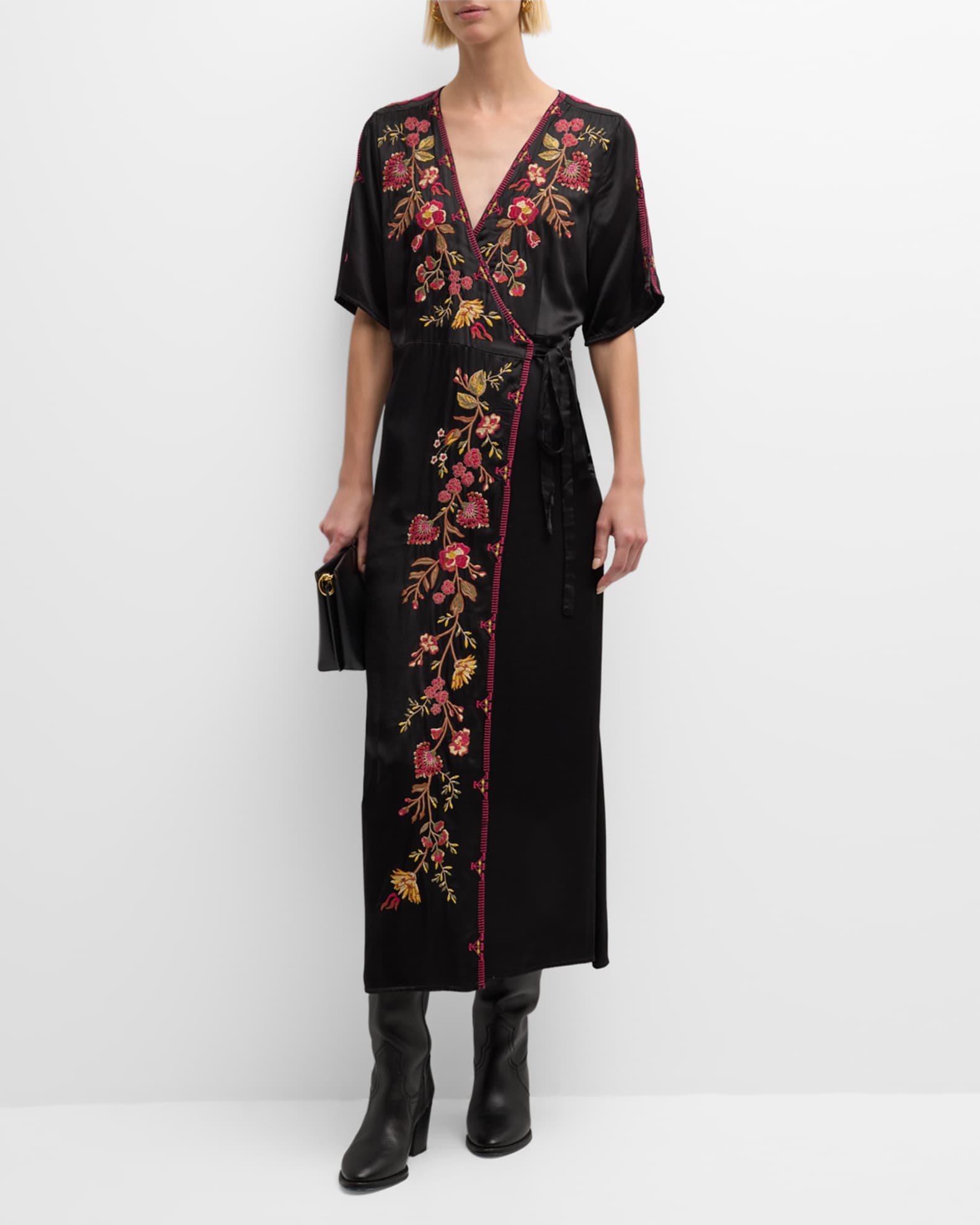 Johnny Was Lilith Floral-Embroidered Wrap Dress | Neiman Marcus