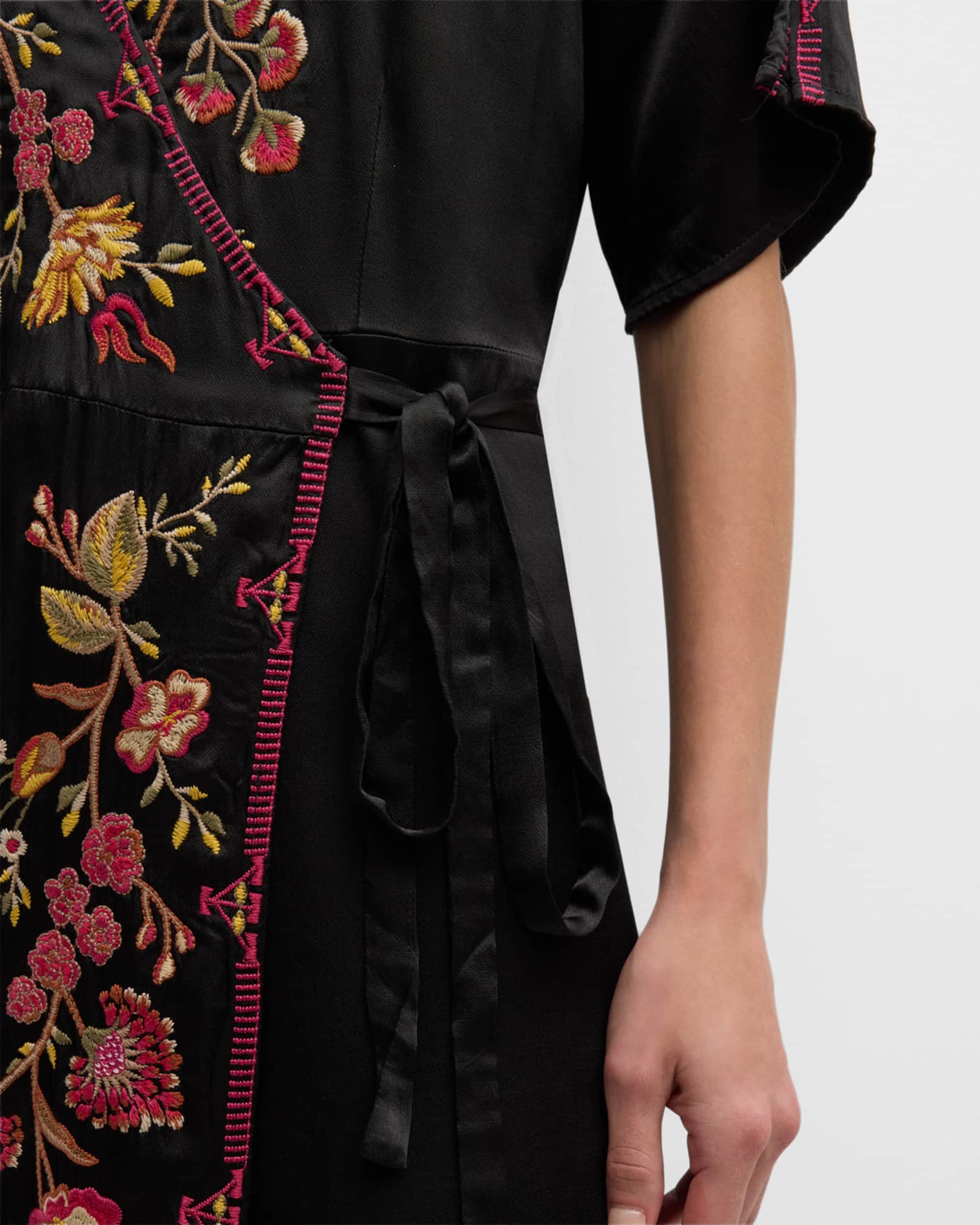 Johnny Was Lilith Floral-Embroidered Wrap Dress | Neiman Marcus