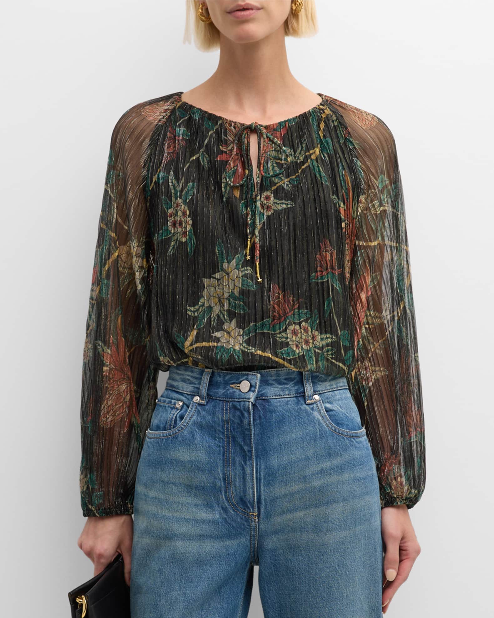 Johnny Was Evelina Metallic Floral-Print Chiffon Blouse | Neiman Marcus