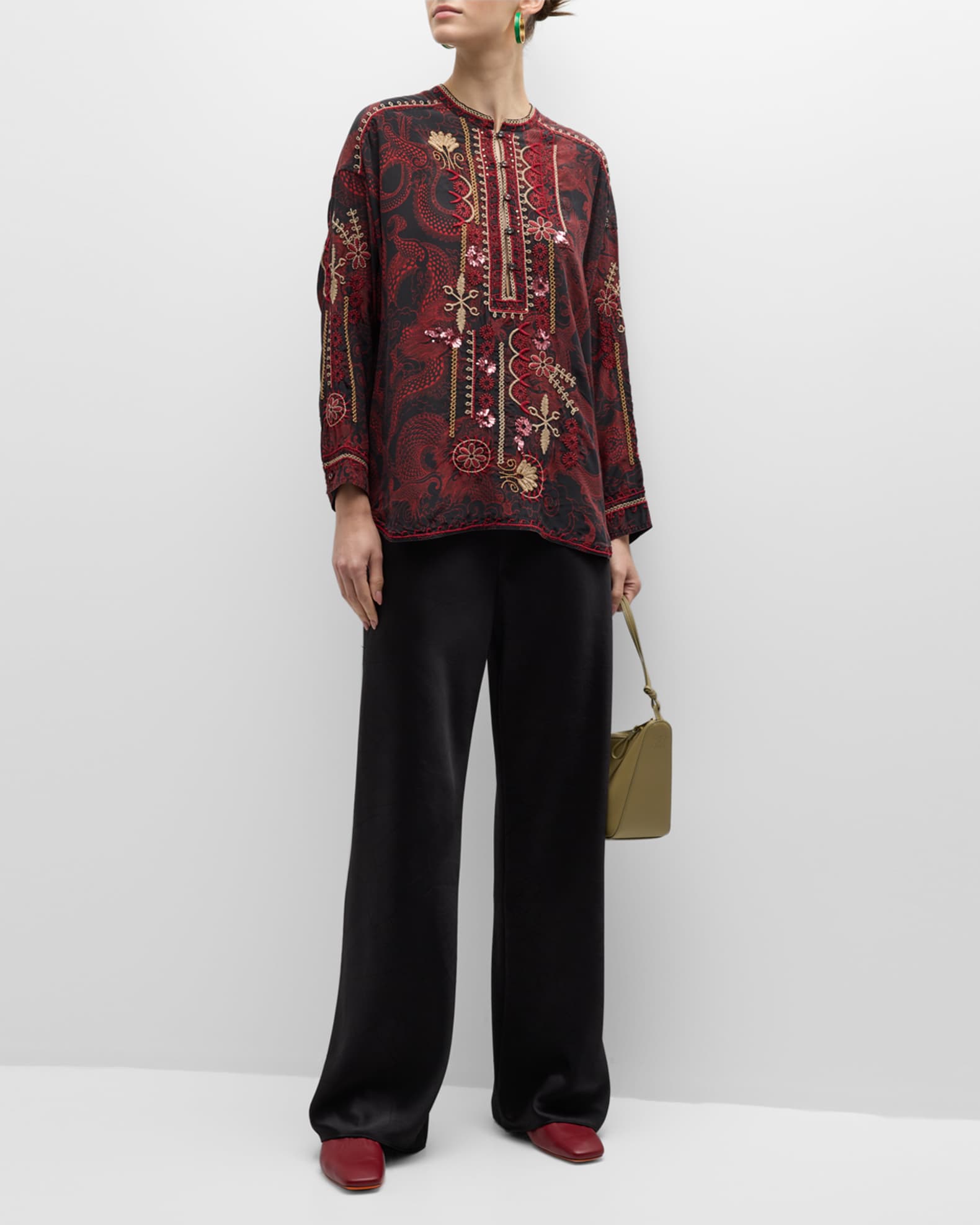Johnny Was Belina Floral-Embroidered Dragon-Print Tunic | Neiman Marcus