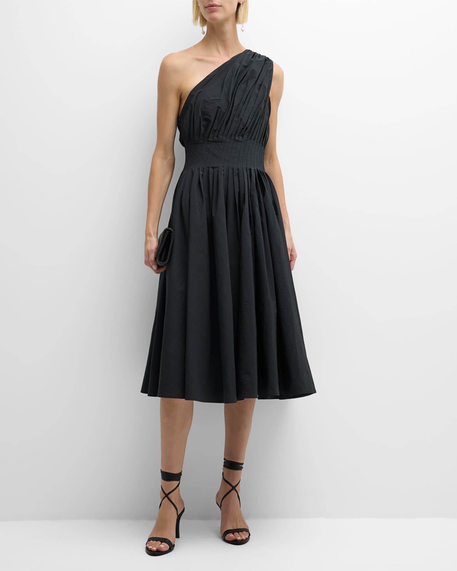 Nadette Midi Dress One Shoulder Pleated Tiered Dress in White