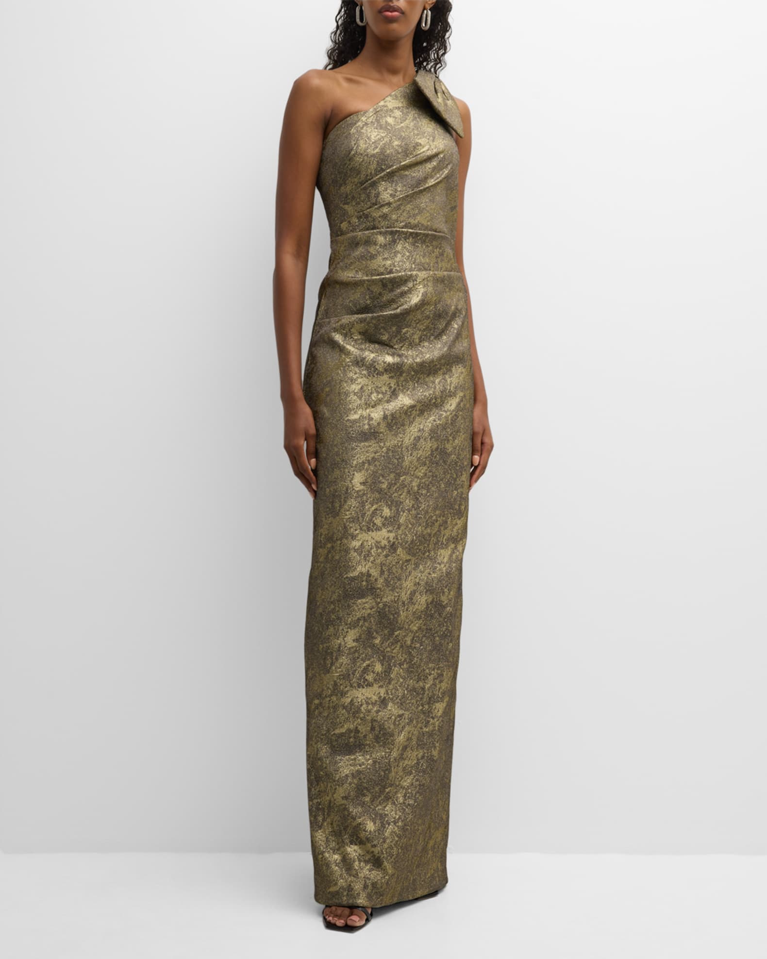 Rickie Freeman for Teri Jon Pleated OneShoulder Metallic Jacquard Gown
