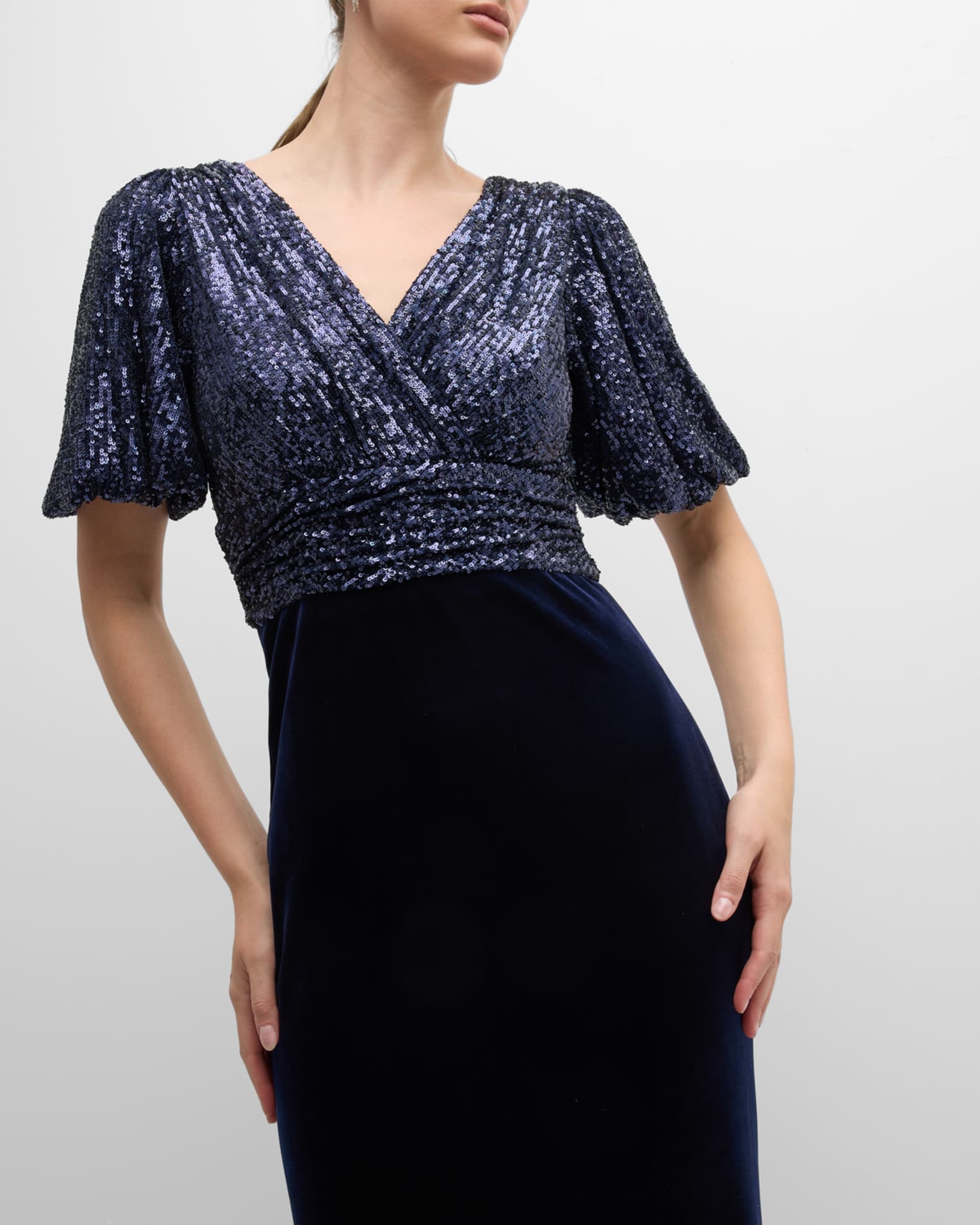 Rickie Freeman for Teri Jon Blouson-Sleeve A-Line Sequin Velvet Gown ...