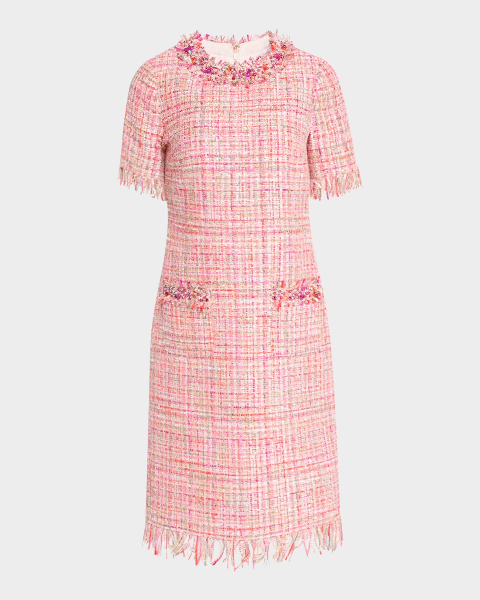 Fringe-Trim Beaded Tweed Midi Dress 0