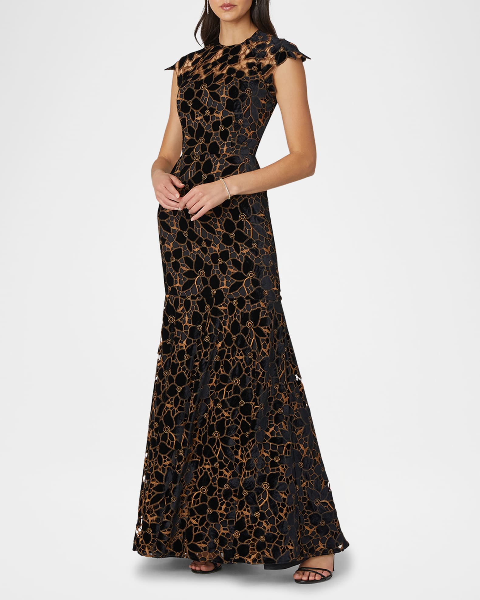 Velvet Floral-Lace Cap-Sleeve Gown