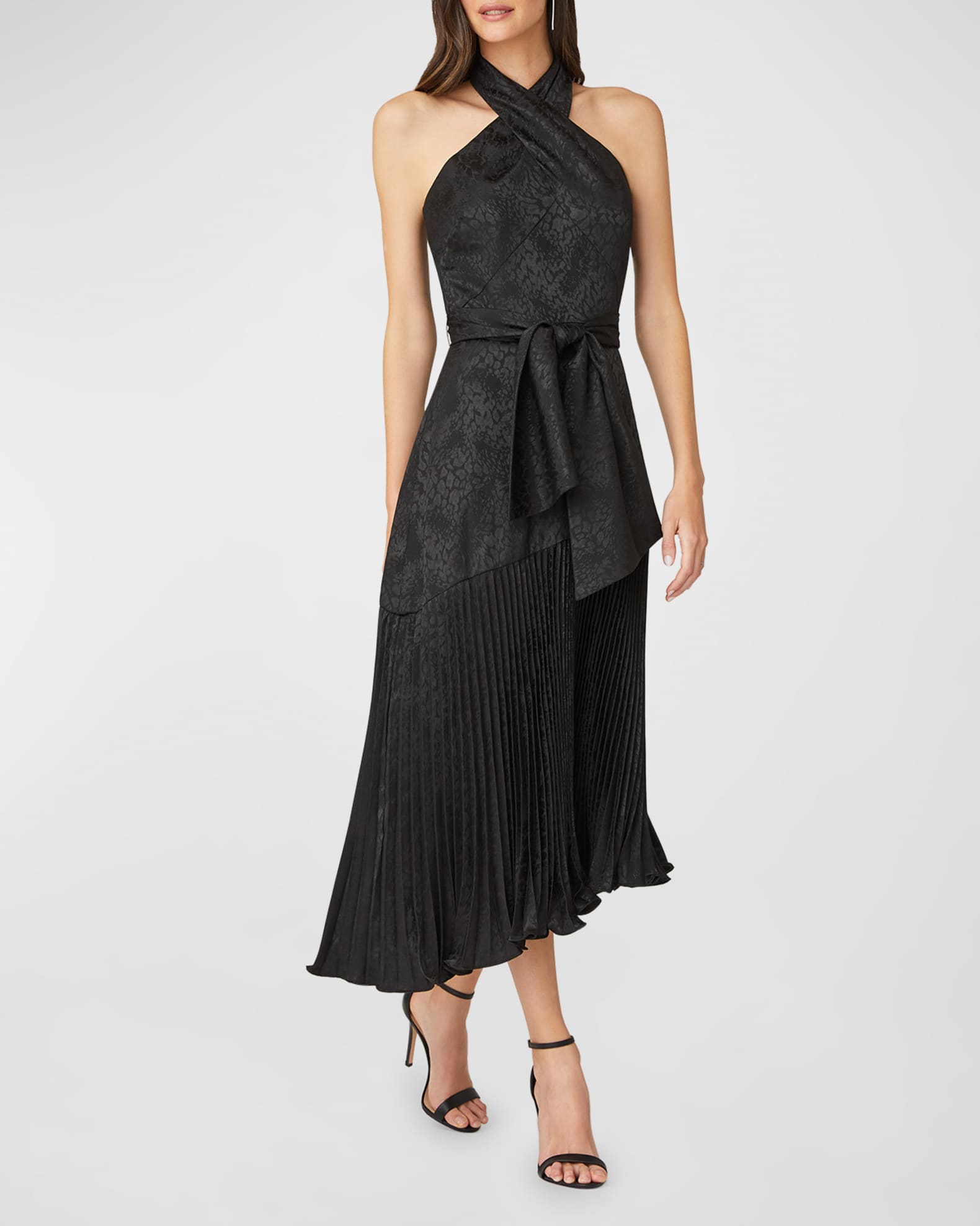 Shoshanna Roya Pleated Asymmetric Halter Midi Dress | Neiman Marcus